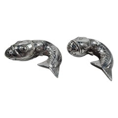 Pair of Antique Japonesque Silver Koi Fish Salt & Pepper Shakers