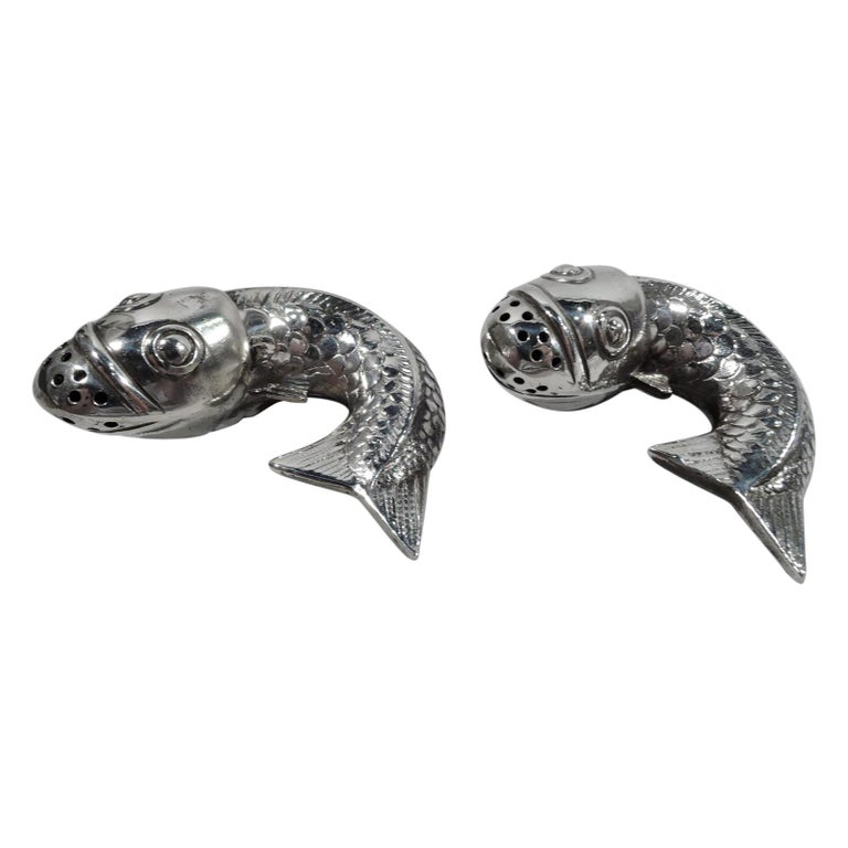 Pair of Antique Japonesque Silver Koi Fish Salt and Pepper Shakers For Sale at 1stDibs