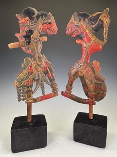 Pair of Antique Javanese Wayang Golek Shadow Puppets on Stands, Early 20th Centu