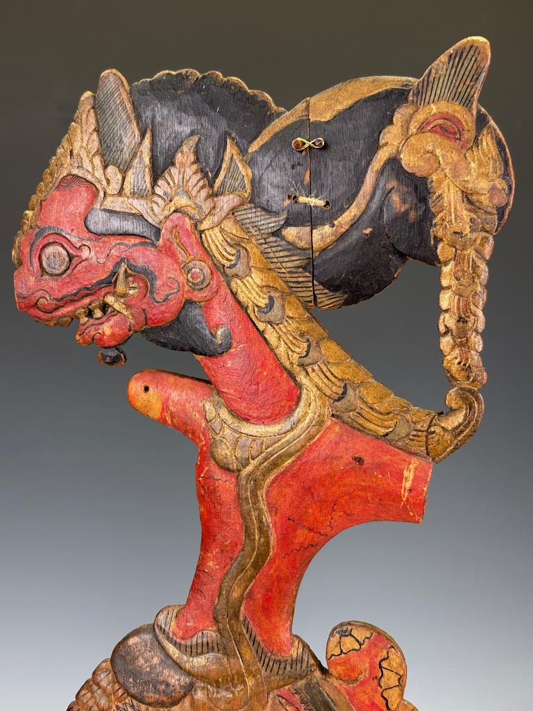 Wood Pair of Antique Javanese Wayang Golek Shadow Puppets on Stands, Early 20th Centu For Sale