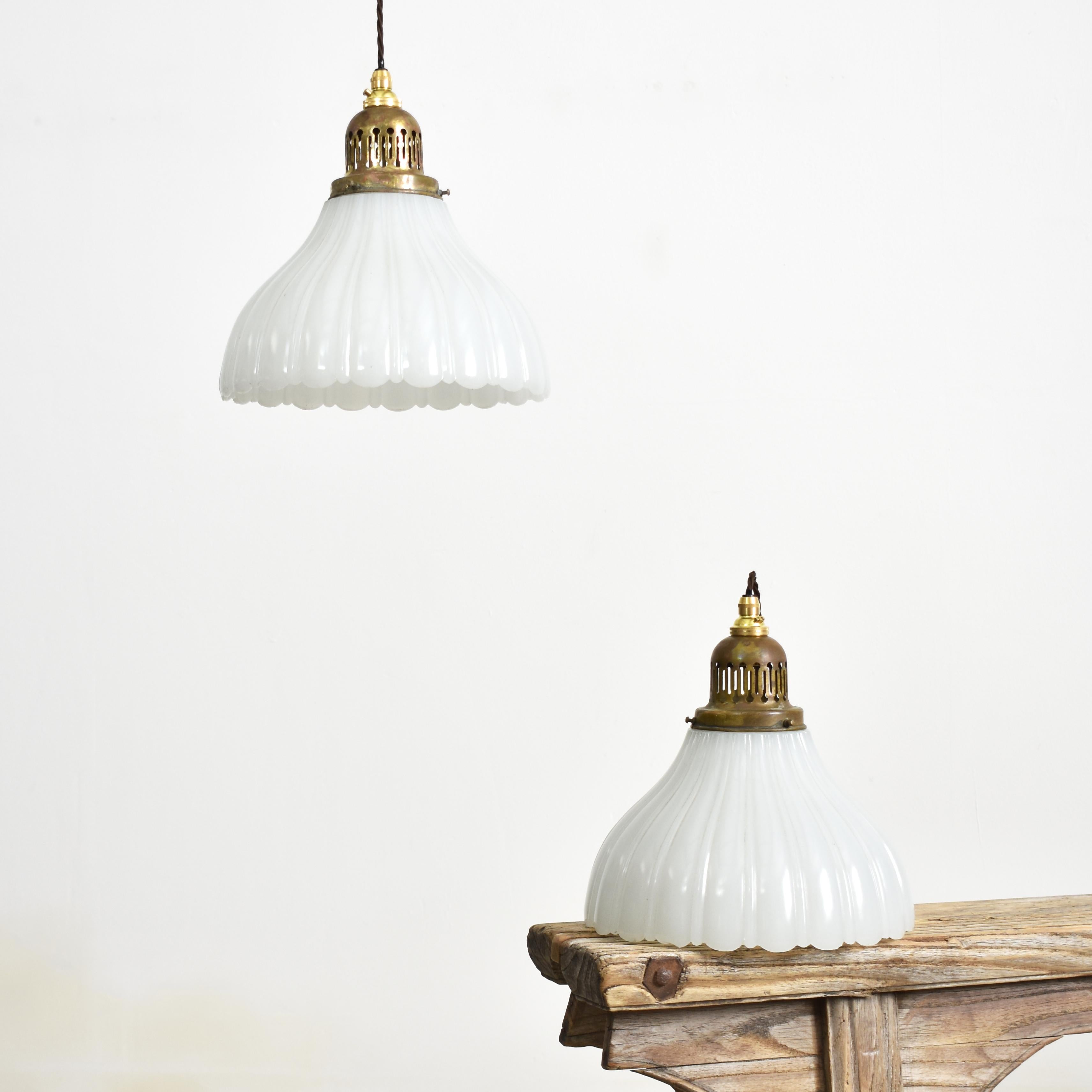 British Pair of Antique Jefferson Moonstone Milk Glass Church Pendant Lights For Sale