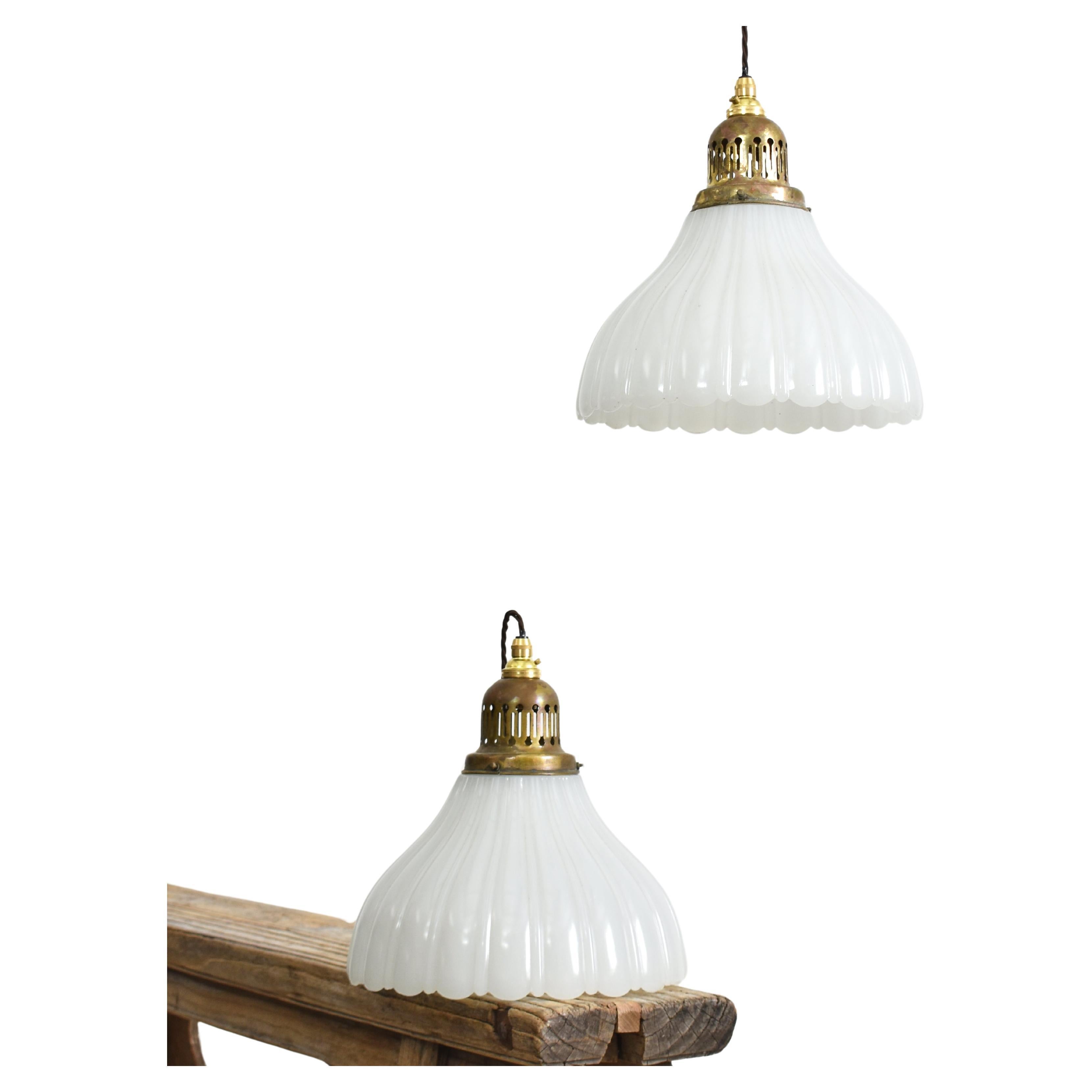 Pair of Antique Jefferson Moonstone Milk Glass Church Pendant Lights