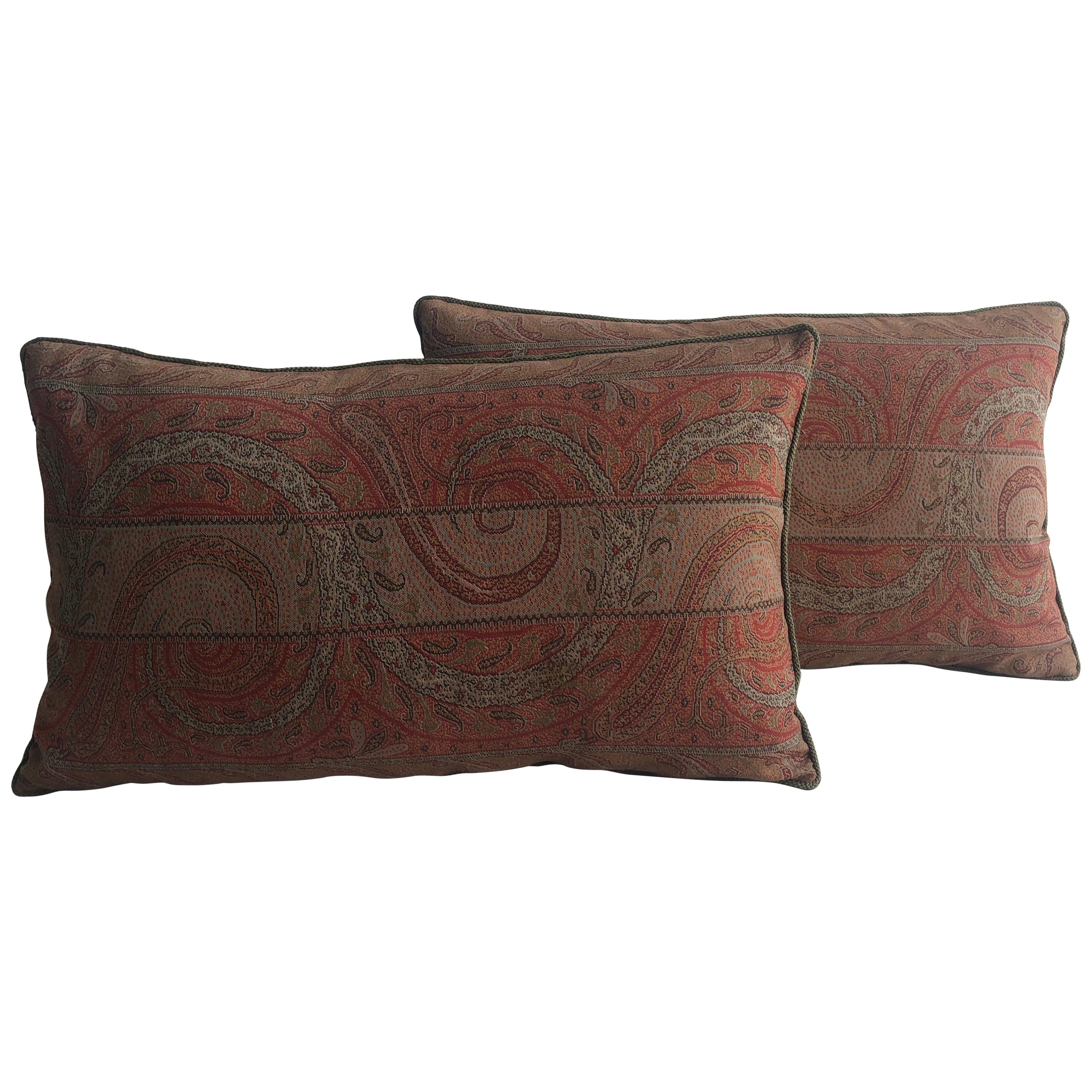 Pair of Antique Kashmir Paisley Lumbar Decorative Pillows with Green Rope Trim
