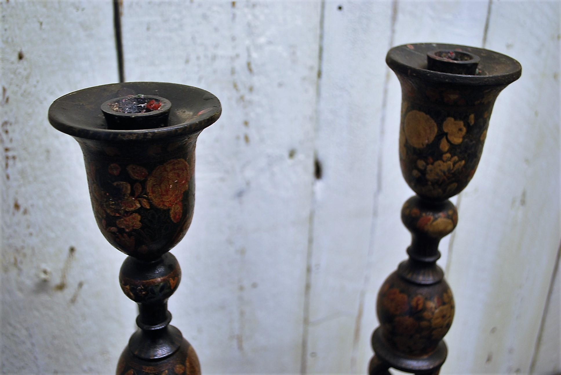 Anglo-Indian Pair of Antique Kashmiri Candlesticks or Lamps For Sale