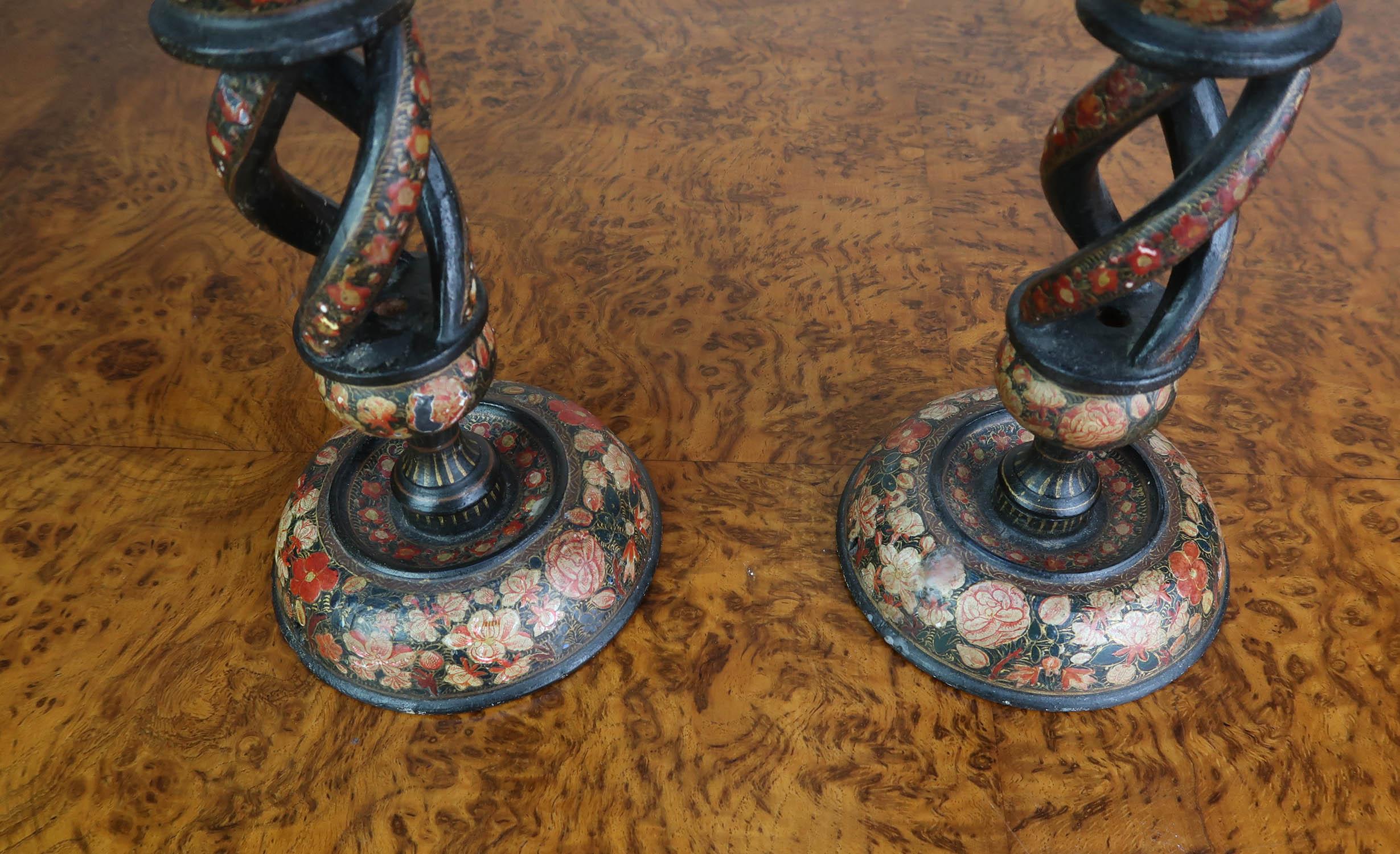 Islamic Pair of Antique Kashmiri Lacquer Open Twist Candlesticks Late 19th Century