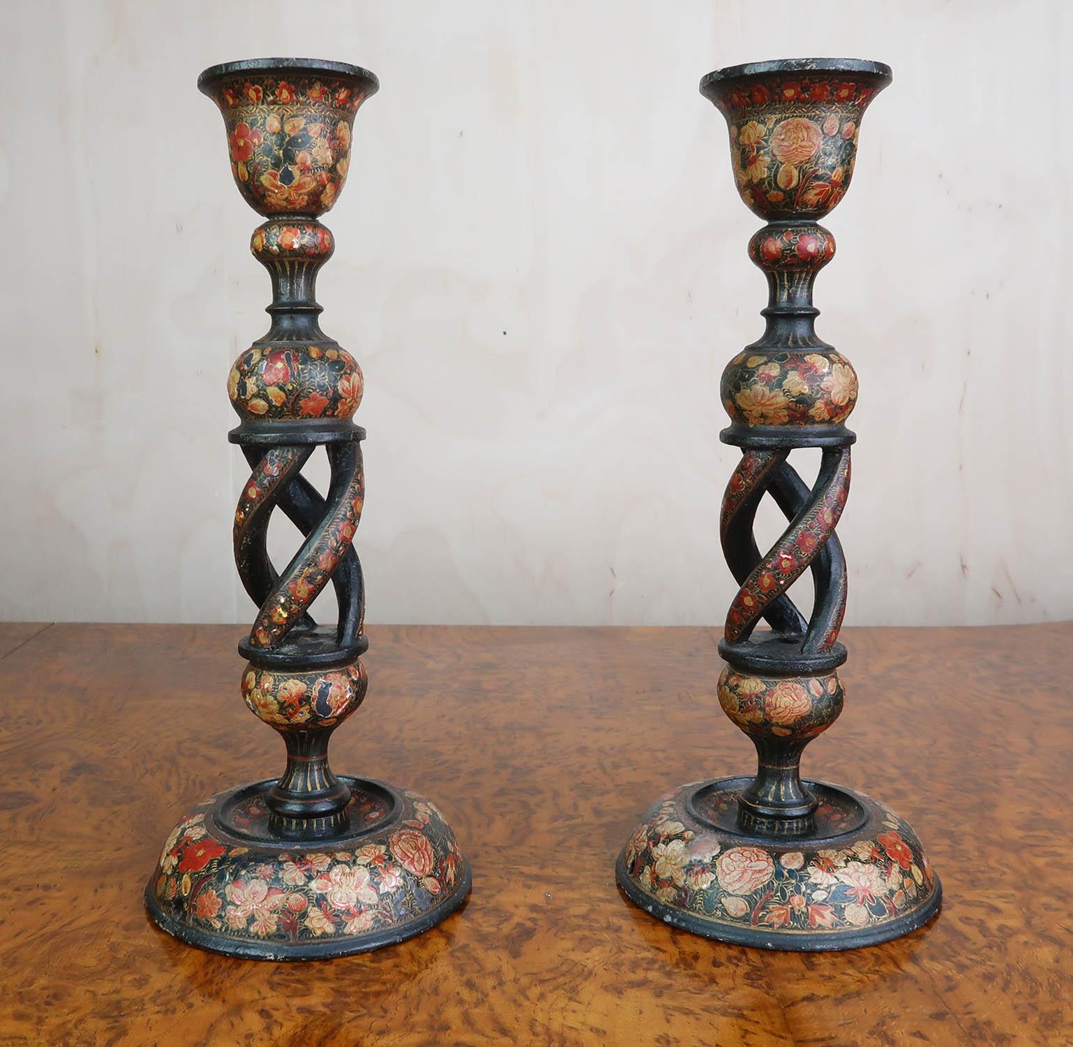 Indian Pair of Antique Kashmiri Lacquer Open Twist Candlesticks Late 19th Century