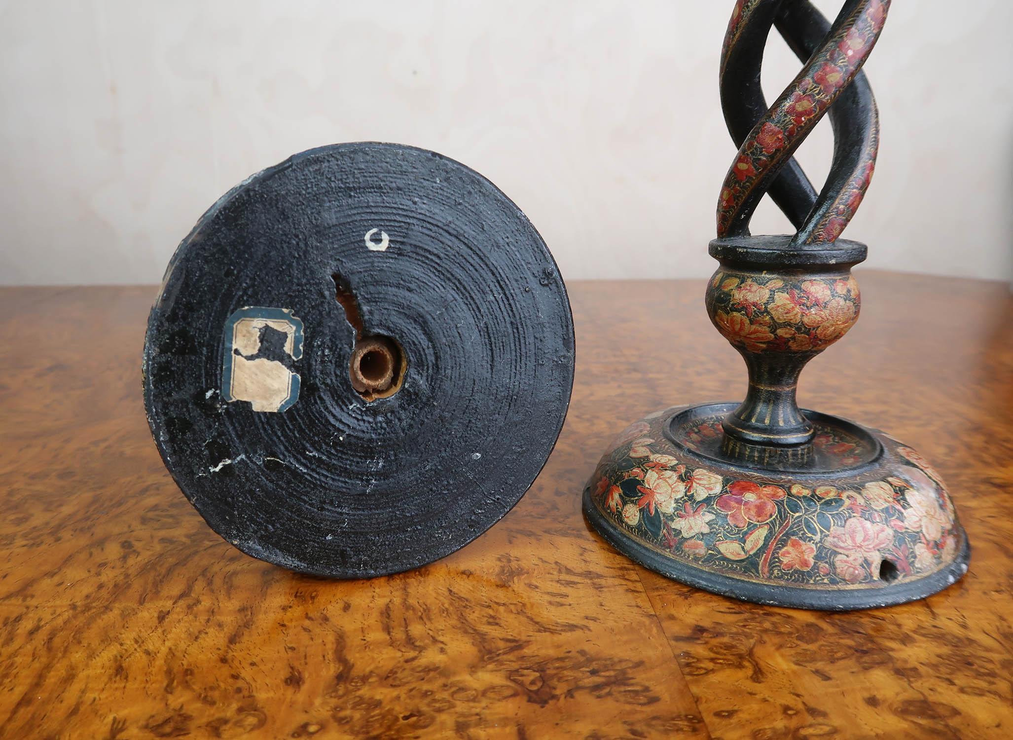 Turned Pair of Antique Kashmiri Lacquer Open Twist Candlesticks Late 19th Century