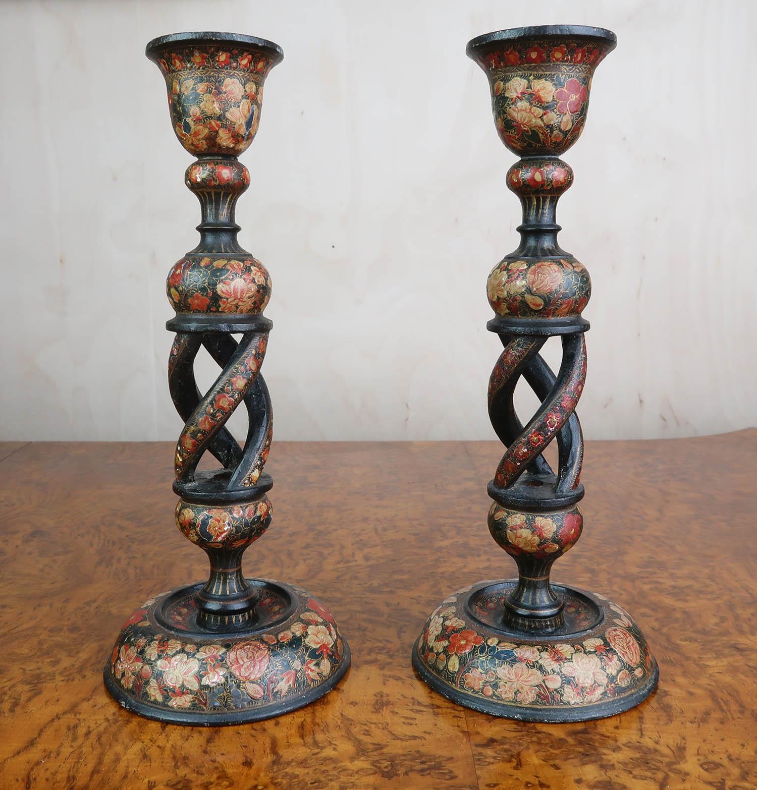 Pair of Antique Kashmiri Lacquer Open Twist Candlesticks Late 19th Century In Good Condition In St Annes, Lancashire