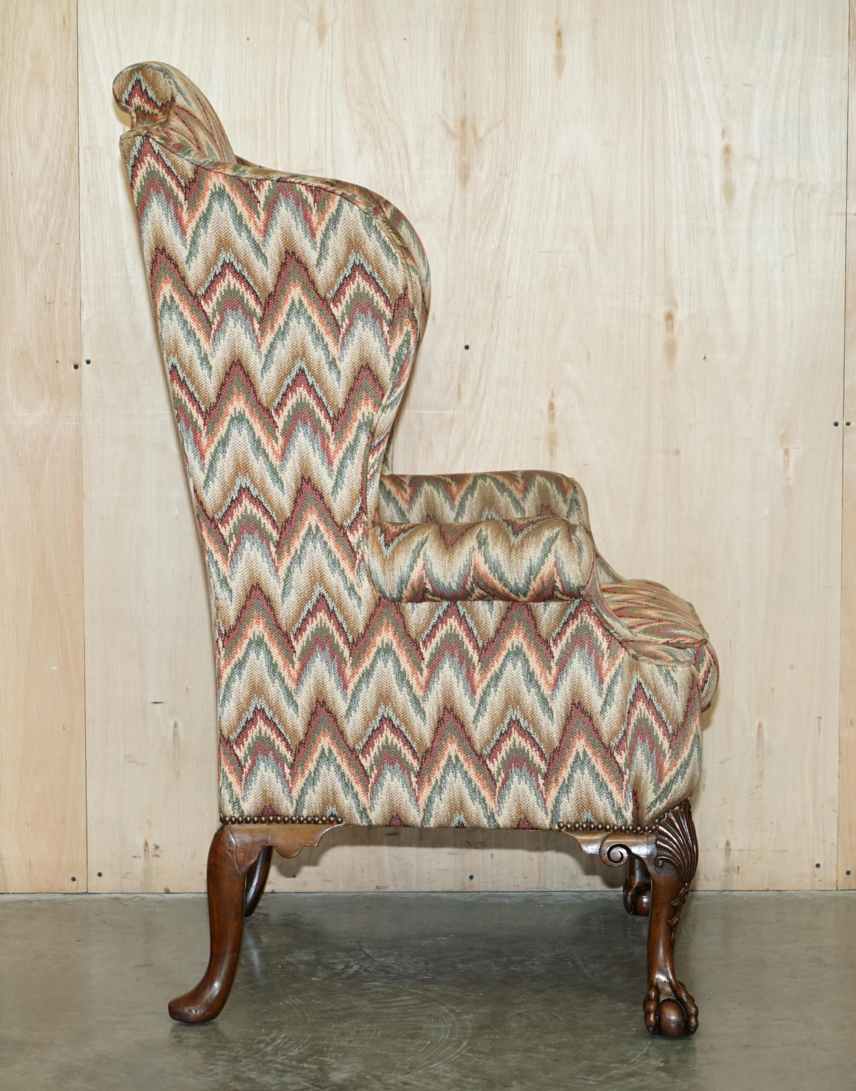 PAIR OF ANTIQUE KILIM FABRIC WiNGBACK ARMCHAIRS ORNATELY CARVED CLAW & BALL FEET For Sale 8