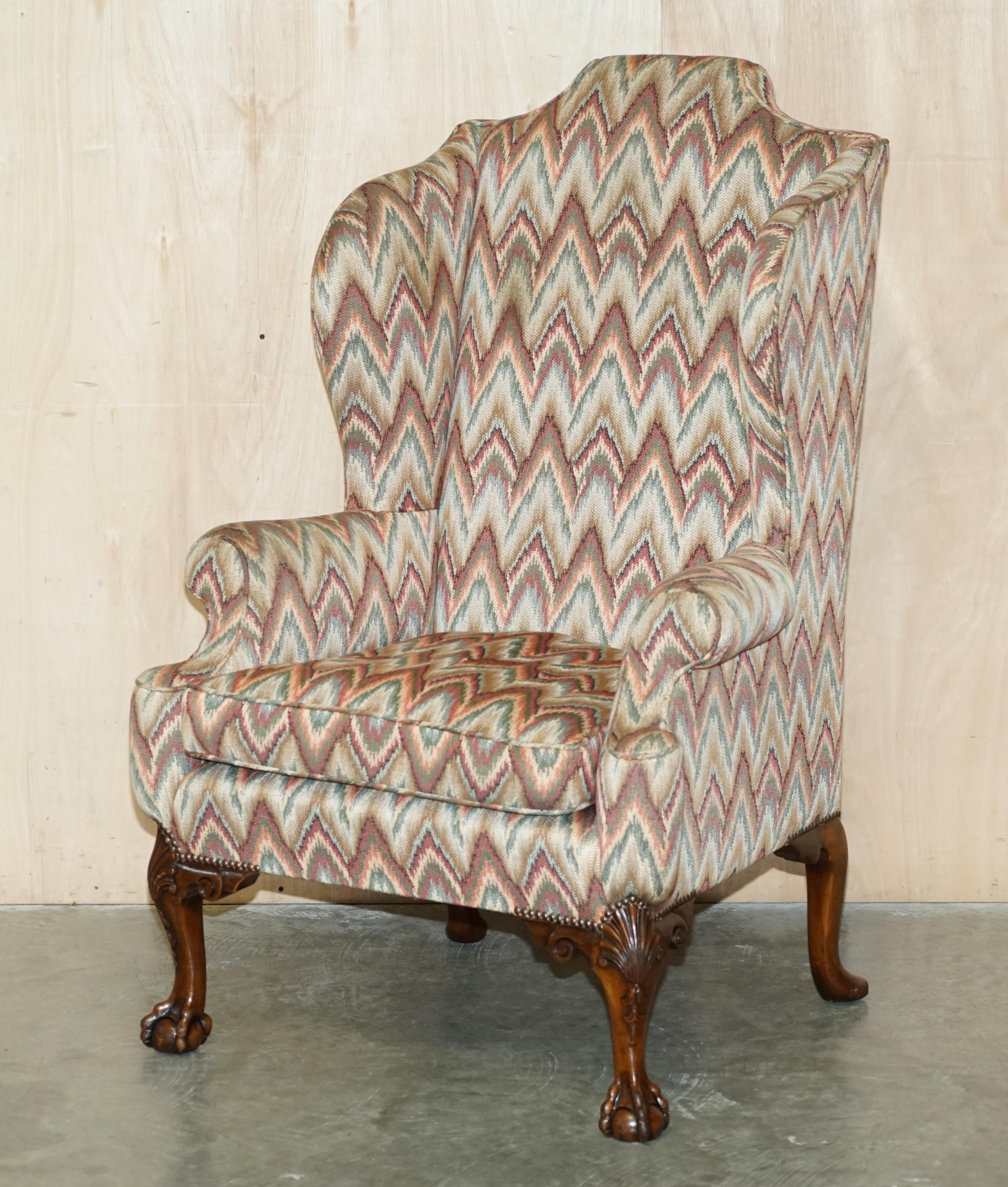 Kilim PAIR OF ANTIQUE KILIM FABRIC WiNGBACK ARMCHAIRS ORNATELY CARVED CLAW & BALL FEET For Sale