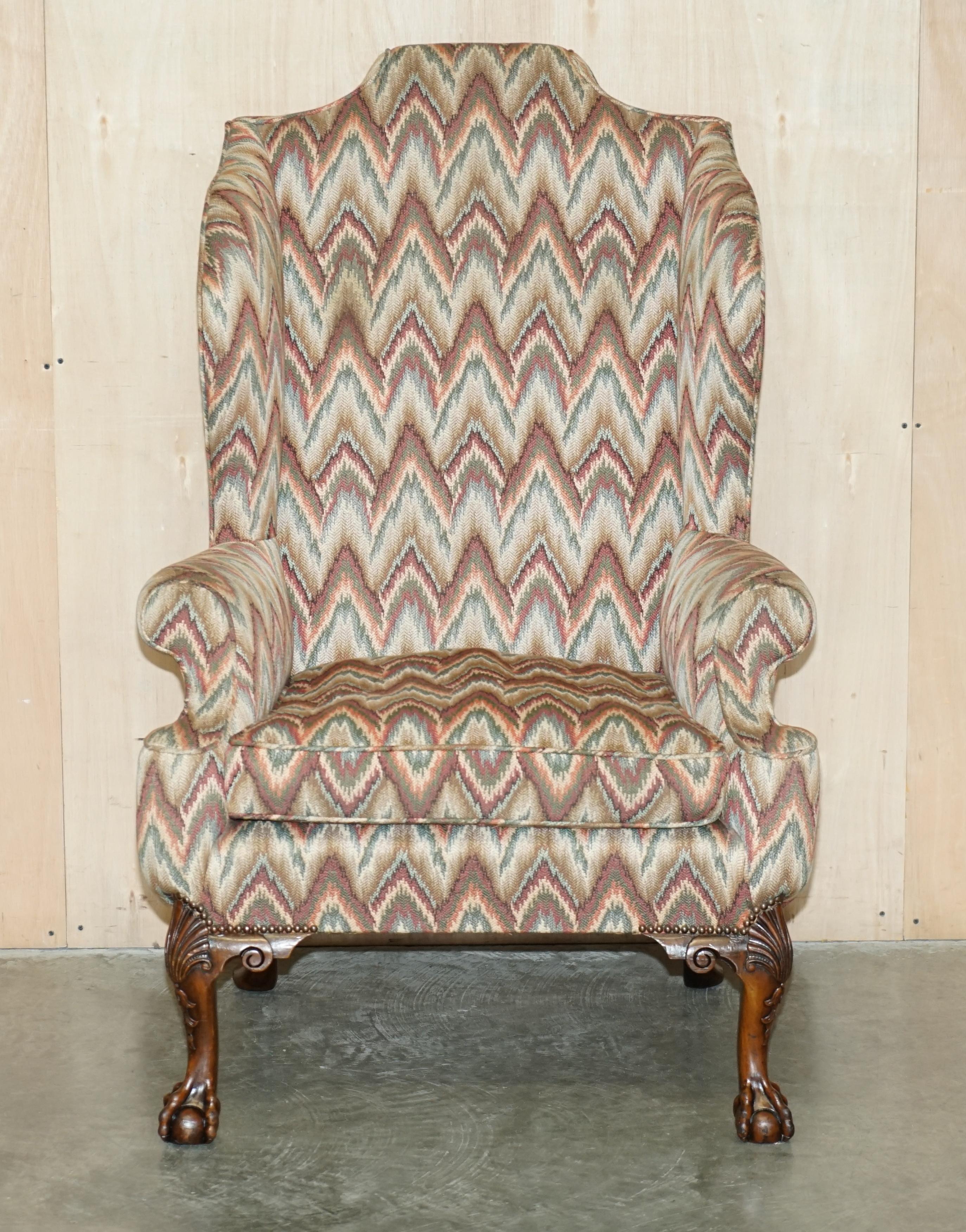 English PAIR OF ANTIQUE KILIM FABRIC WiNGBACK ARMCHAIRS ORNATELY CARVED CLAW & BALL FEET For Sale