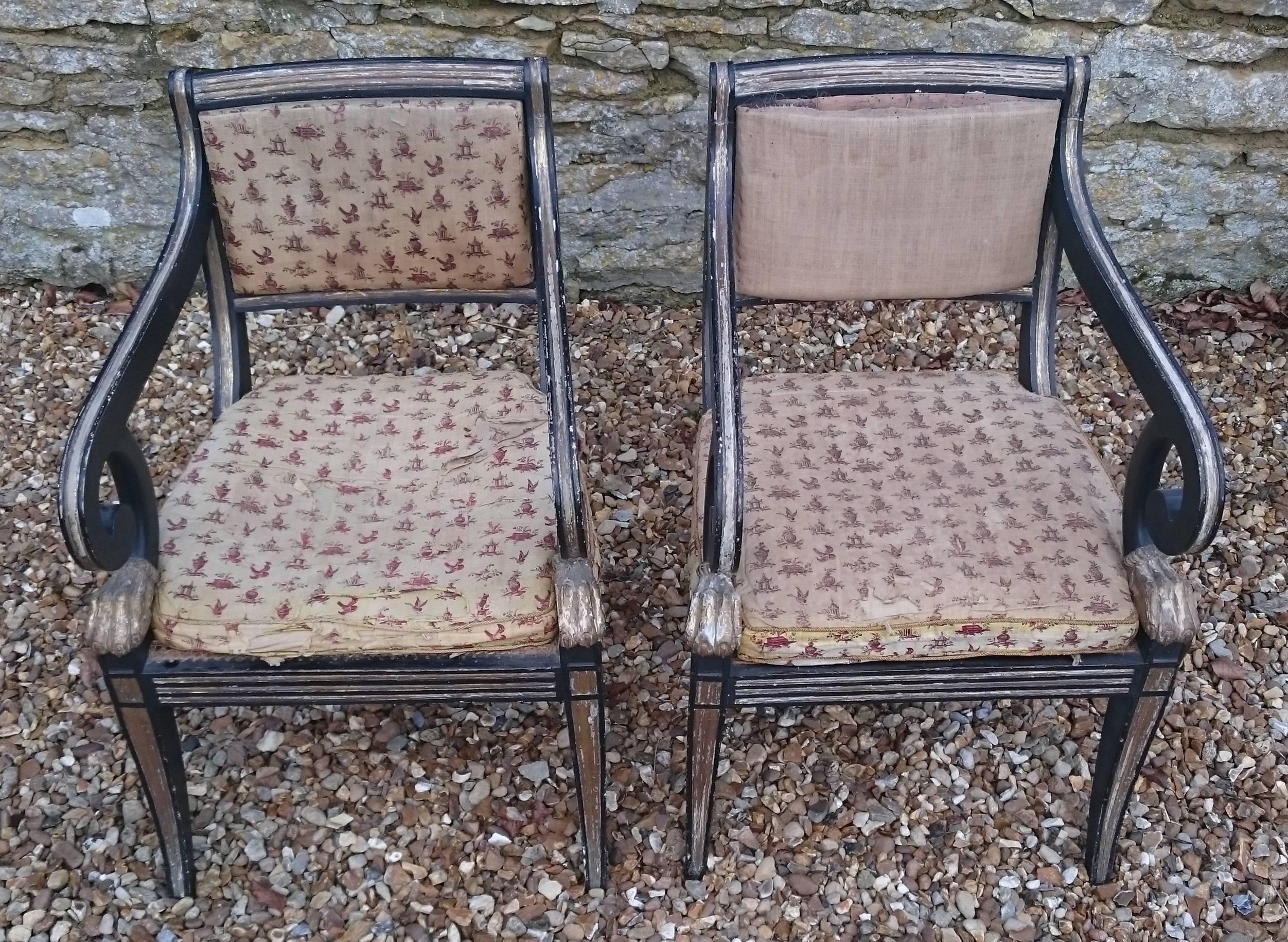 Pair of Regency Ebonised and Gilt Antique Salon Chairs.

Extremely Fine example of the sort of chair designed to be on display in a prominent room of a large and important house. These would have been in a large salon or drawing room, or a large