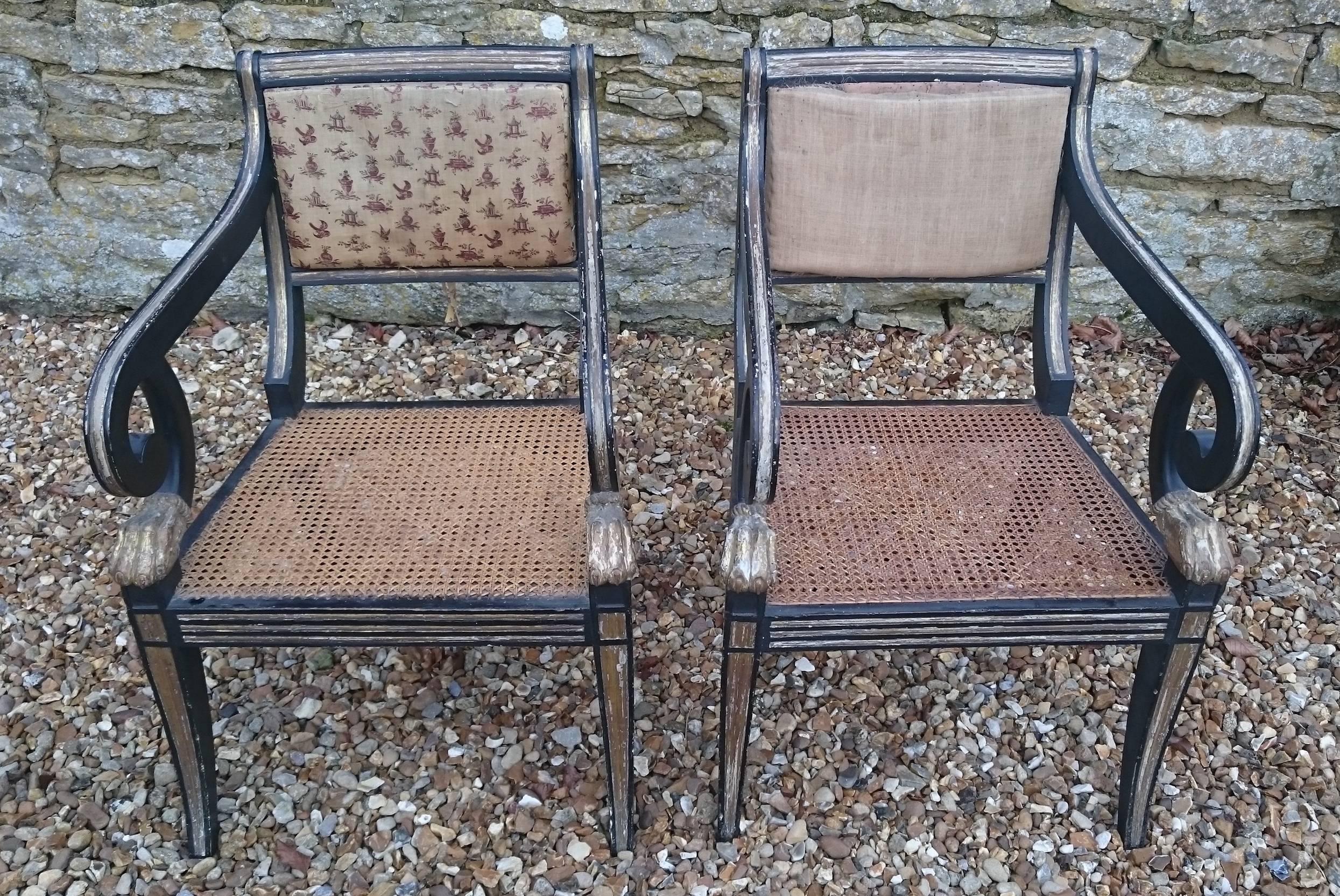 British Pair of Antique Klismos Chairs with Sabre Legs and Gilt and Ebonised Decoration
