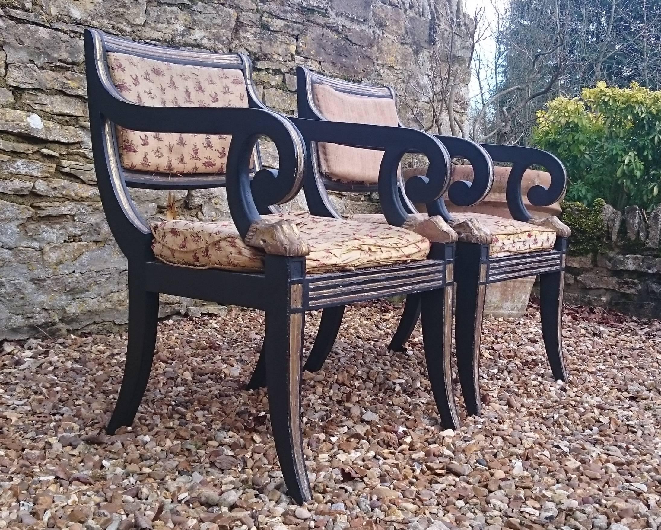 Giltwood Pair of Antique Klismos Chairs with Sabre Legs and Gilt and Ebonised Decoration