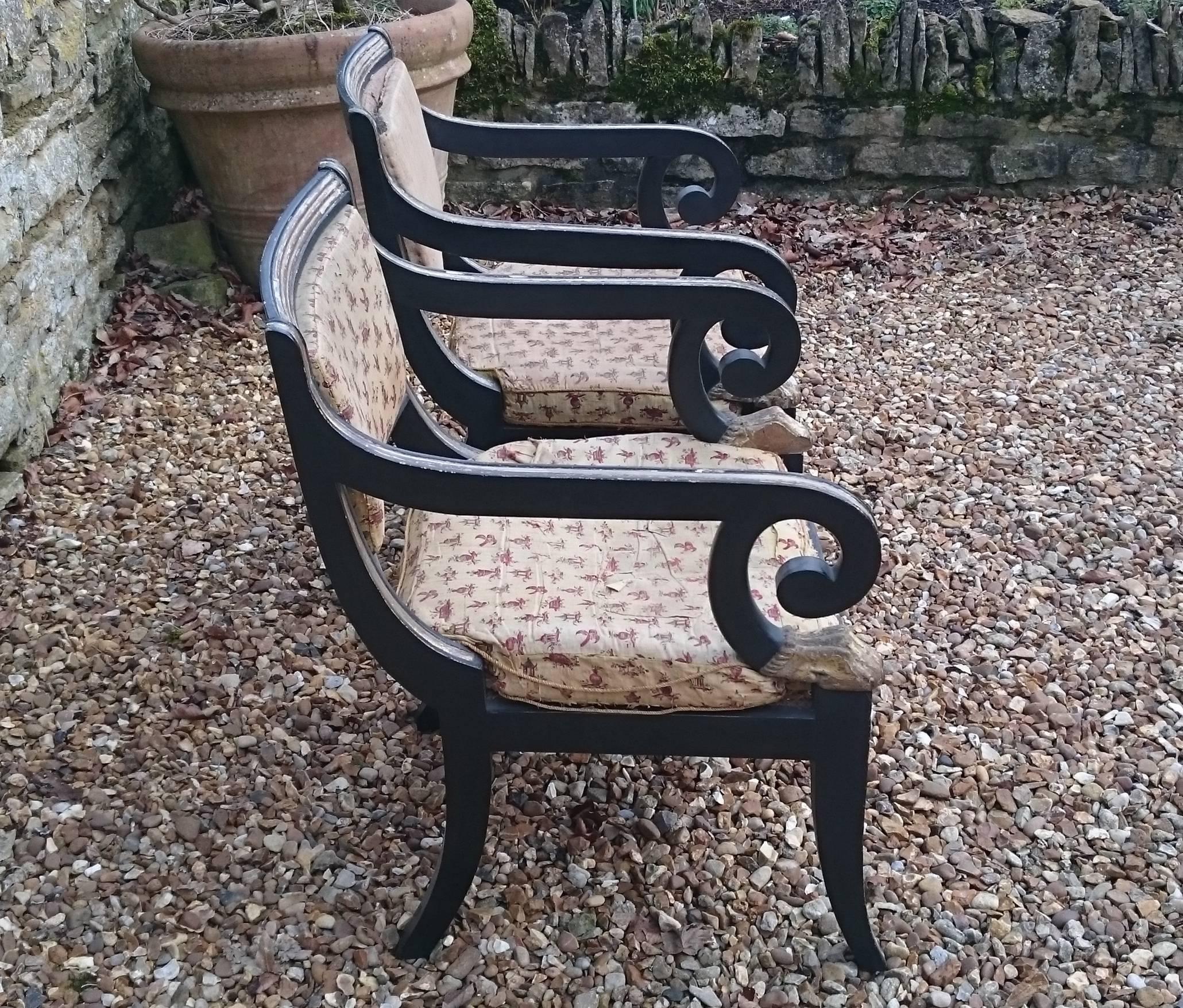 Pair of Antique Klismos Chairs with Sabre Legs and Gilt and Ebonised Decoration 1