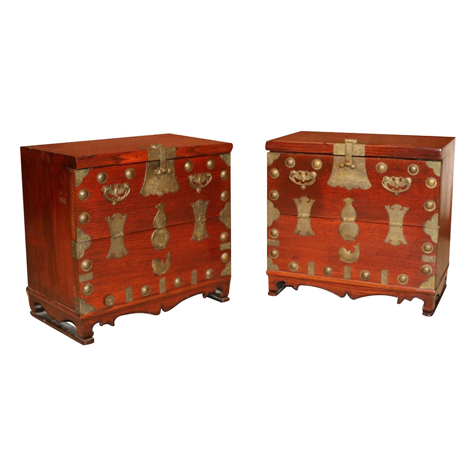 Pair of Antique Korean Elm Brass Chests For Sale