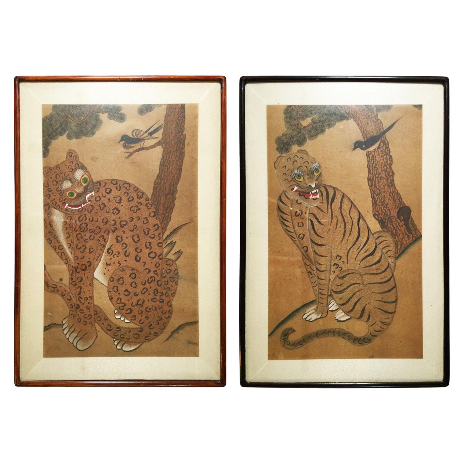 Pair of Antique Korean Framed Tiger Paintings