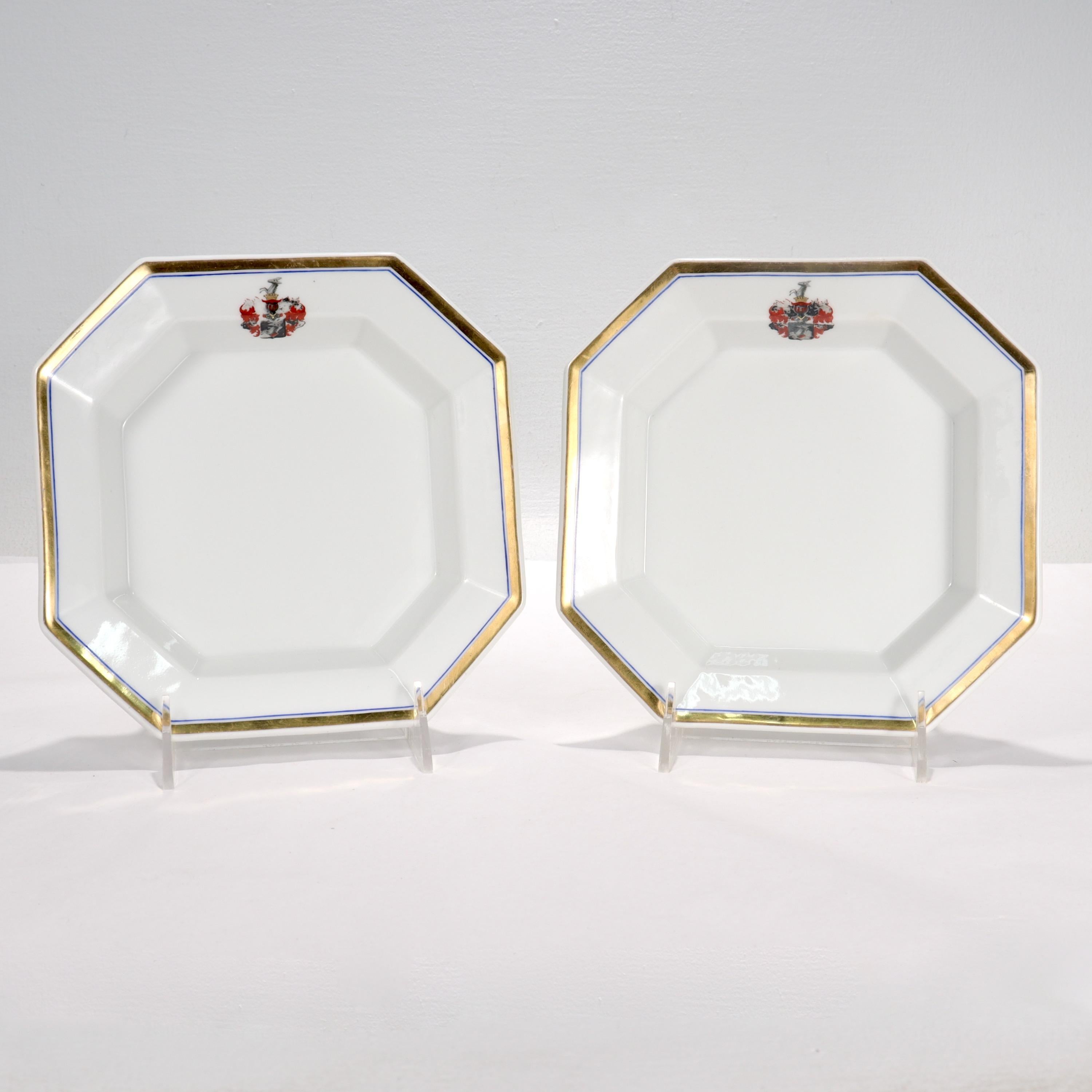 Gilt Pair of Antique KPM Royal Berlin Armorial Octagonal Porcelain Bowls or Plates For Sale