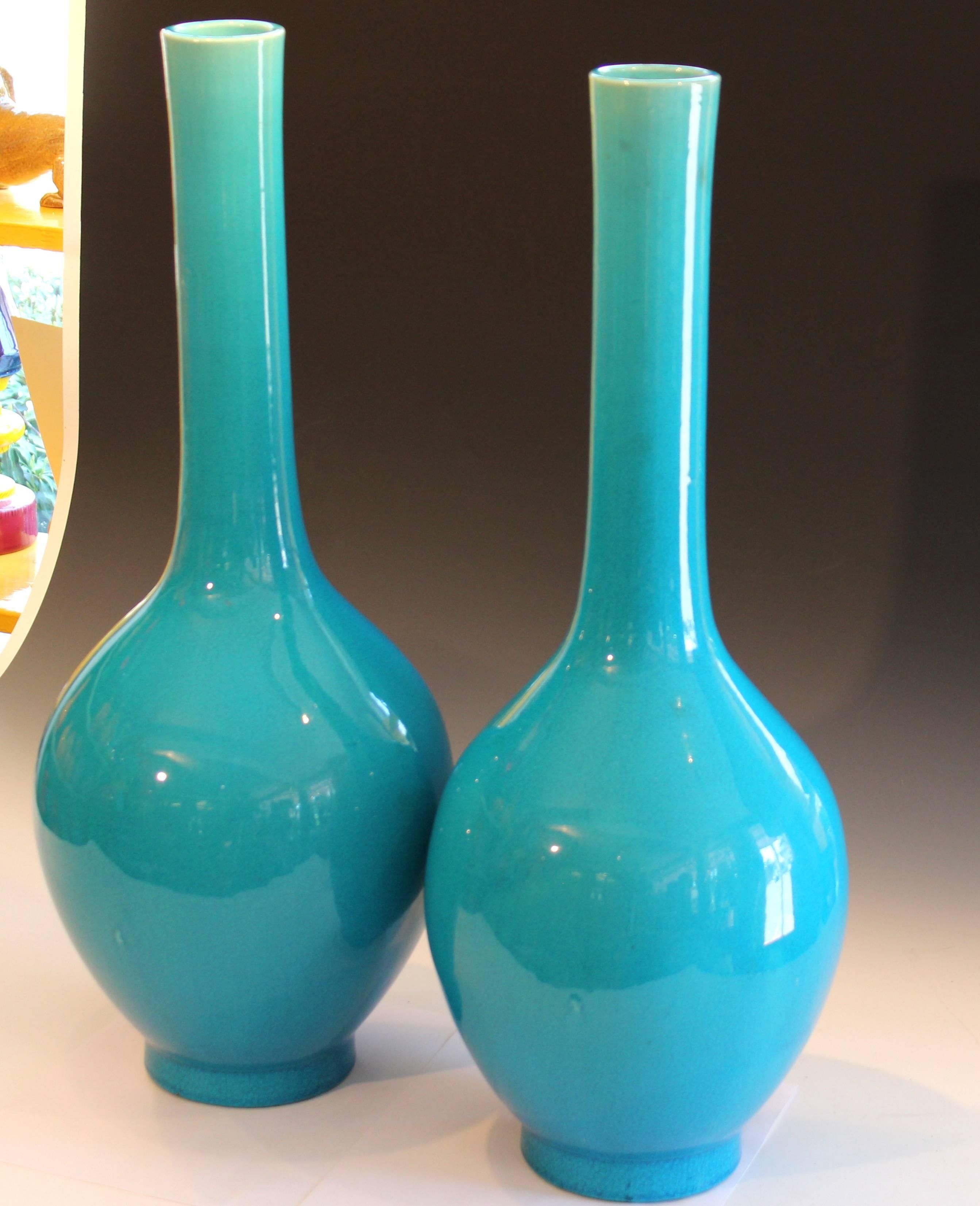 Pair of Antique Kyoto-Awaji Turquoise Bottle Vases Large Japanese Crackle Glaze 3