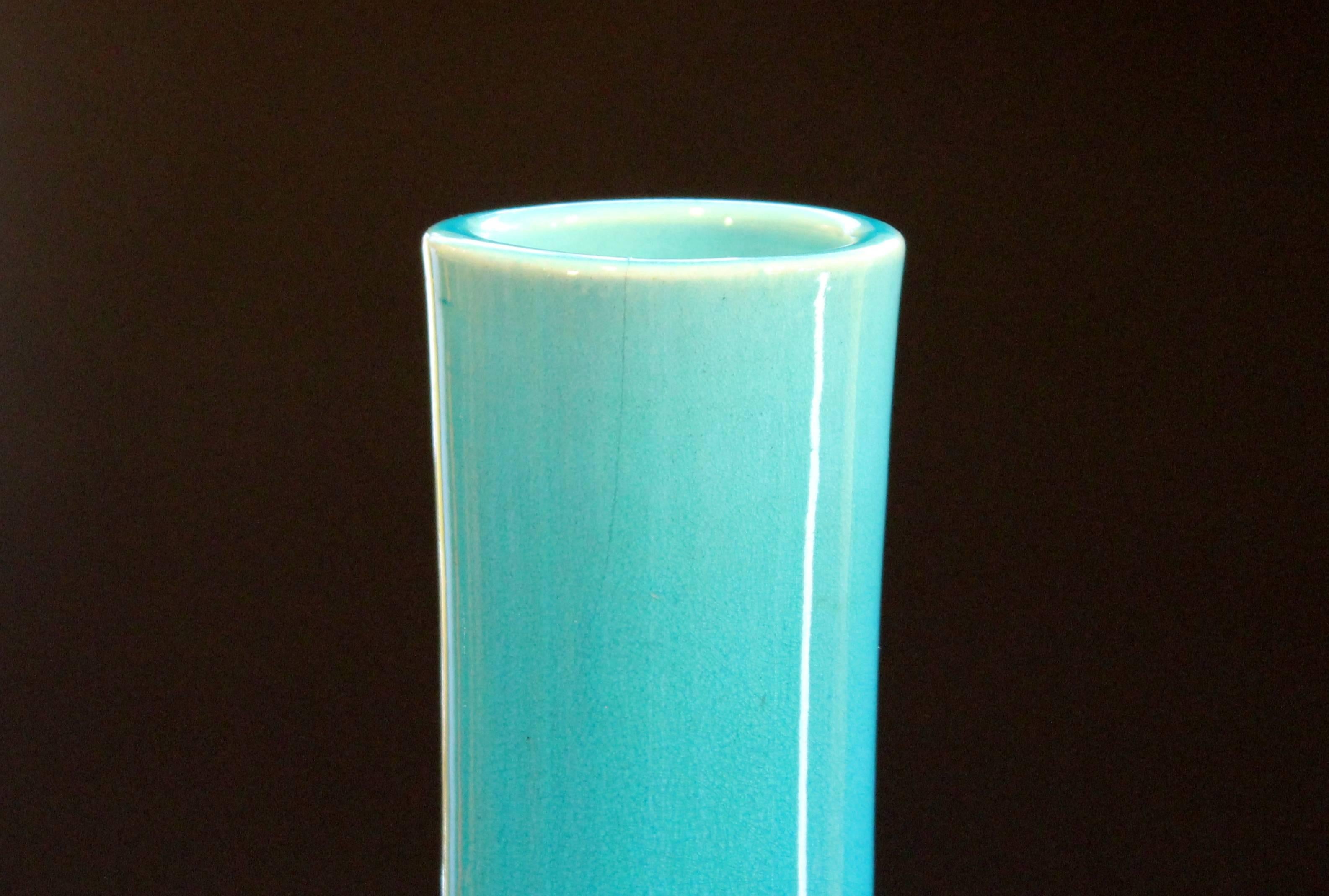 Pair of Antique Kyoto-Awaji Turquoise Bottle Vases Large Japanese Crackle Glaze In Excellent Condition In Wilton, CT