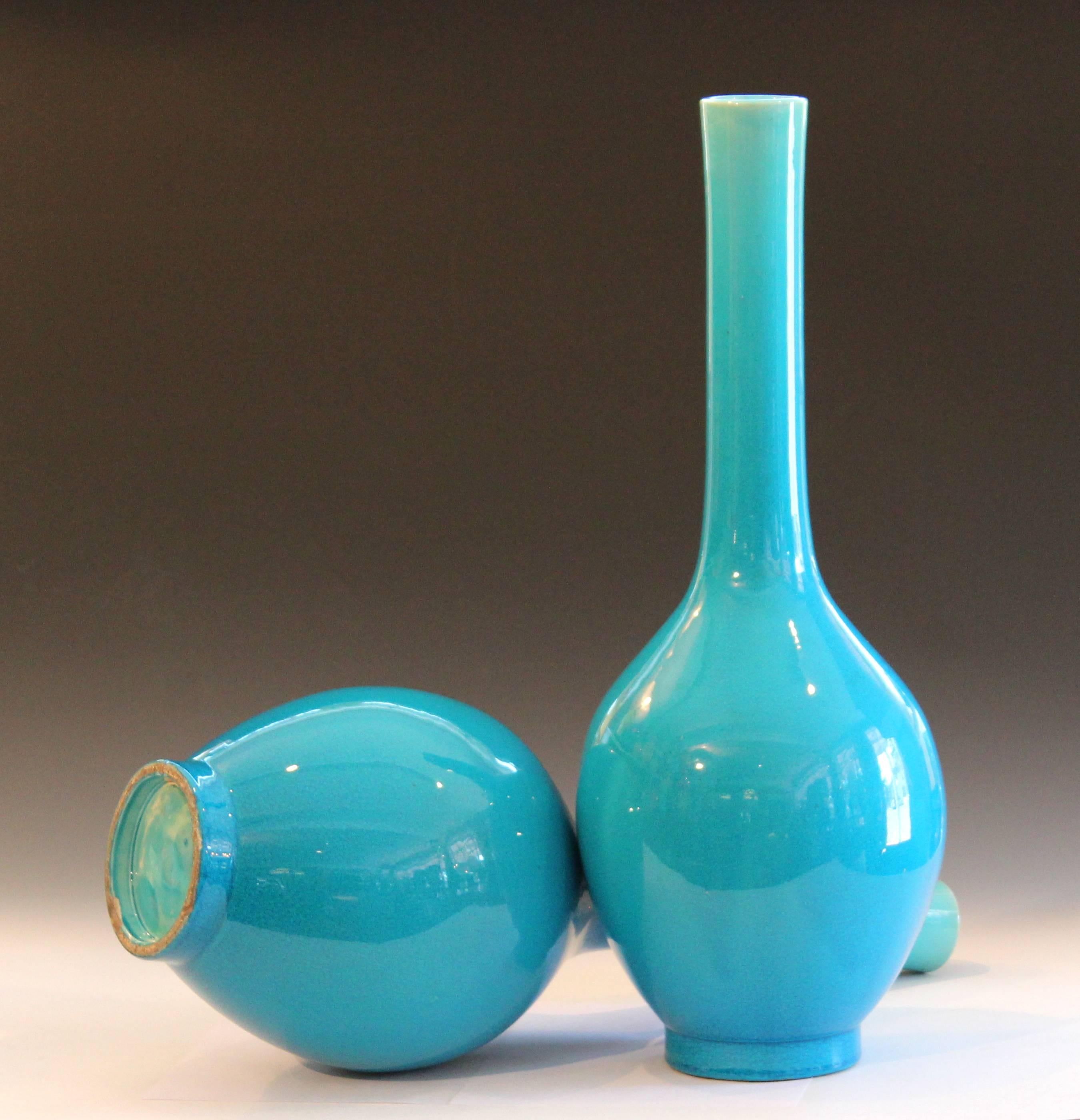 Pair of Antique Kyoto-Awaji Turquoise Bottle Vases Large Japanese Crackle Glaze 2