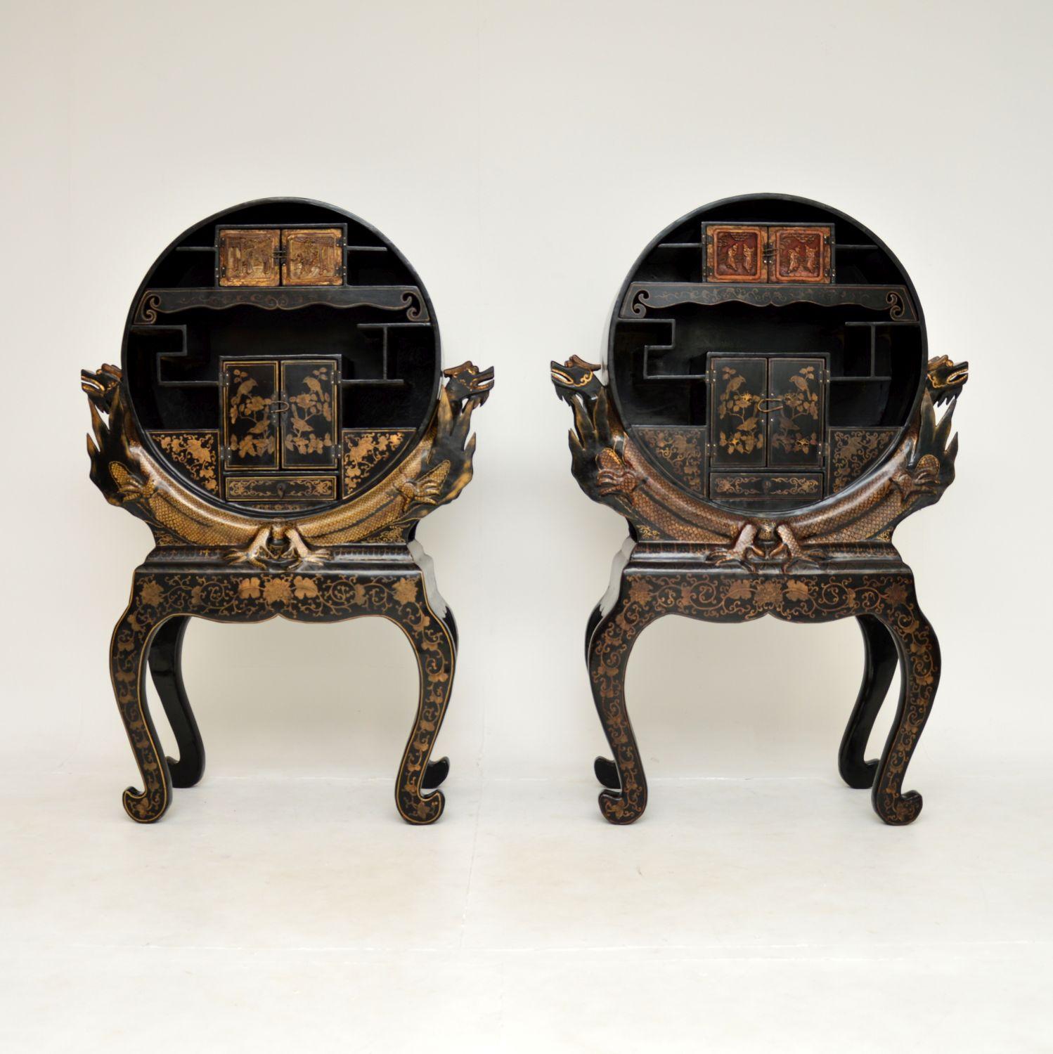 A magnificent pair of antique oriental lacquered chinoiserie cabinets. They were made in Japan, and date from around the 1890-1910 period.

The quality is outstanding, they are beautifully crafted with amazing details throughout. There is profuse