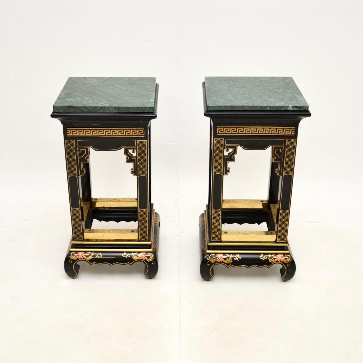 A stunning pair of antique lacquered chinoiserie marble top side tables. They were likely made in England in the oriental style, they date from around the 1950’s.

The quality is superb, they are beautifully designed and are a very useful size. The