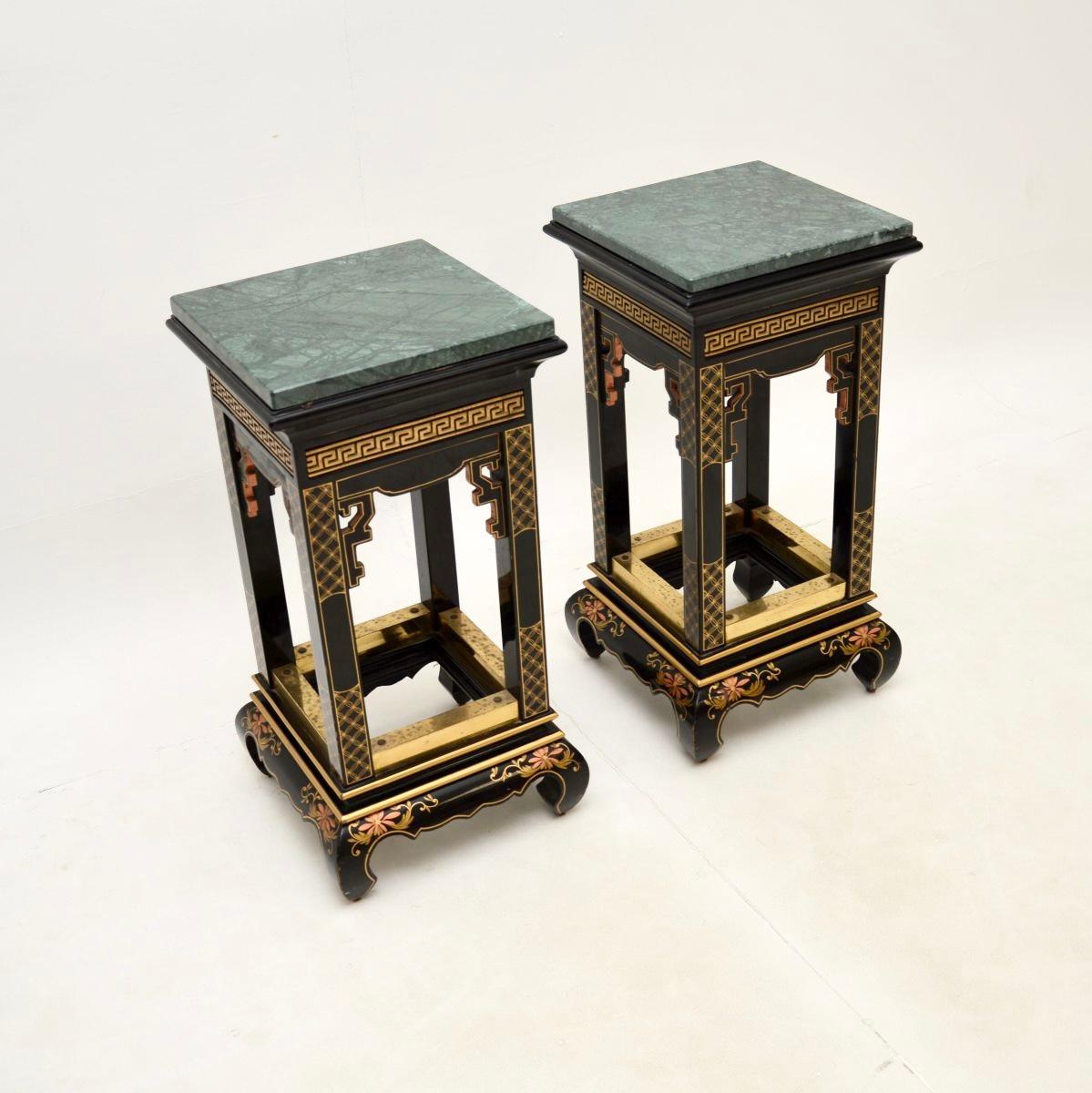 British Pair of Antique Lacquered Chinoiserie Marble Top Side Tables For Sale