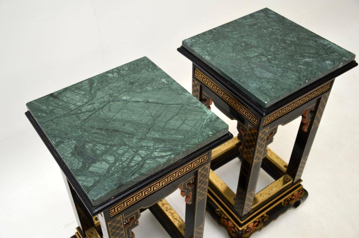 Mid-20th Century Pair of Antique Lacquered Chinoiserie Marble Top Side Tables For Sale