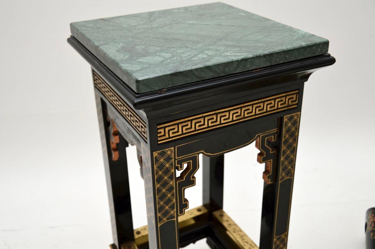 Pair of Antique Lacquered Chinoiserie Marble Top Side Tables For Sale 1