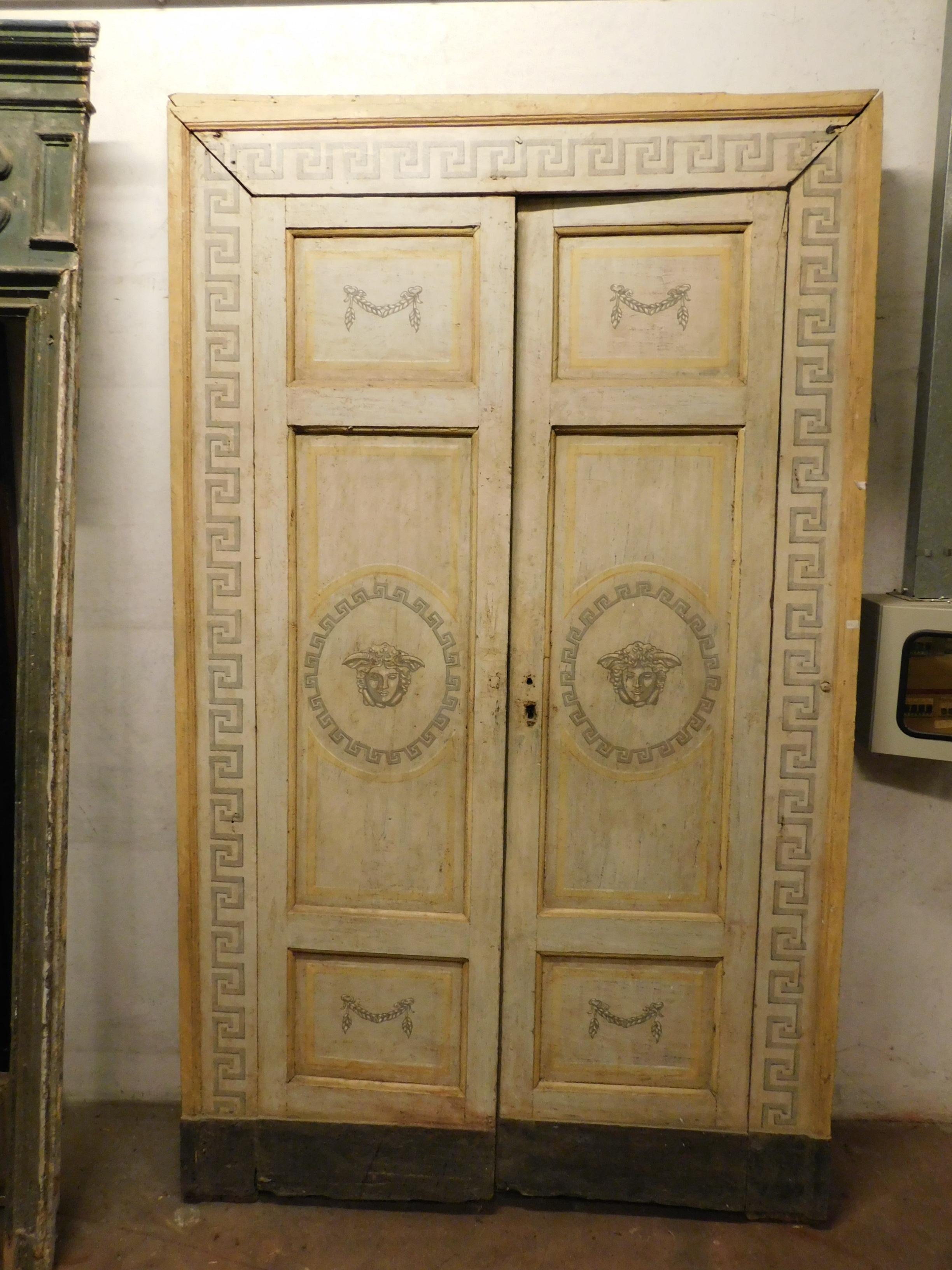 Italian Pair of Antique Lacquered Double Doors with Frame, Medusa, 18th Century Italy For Sale