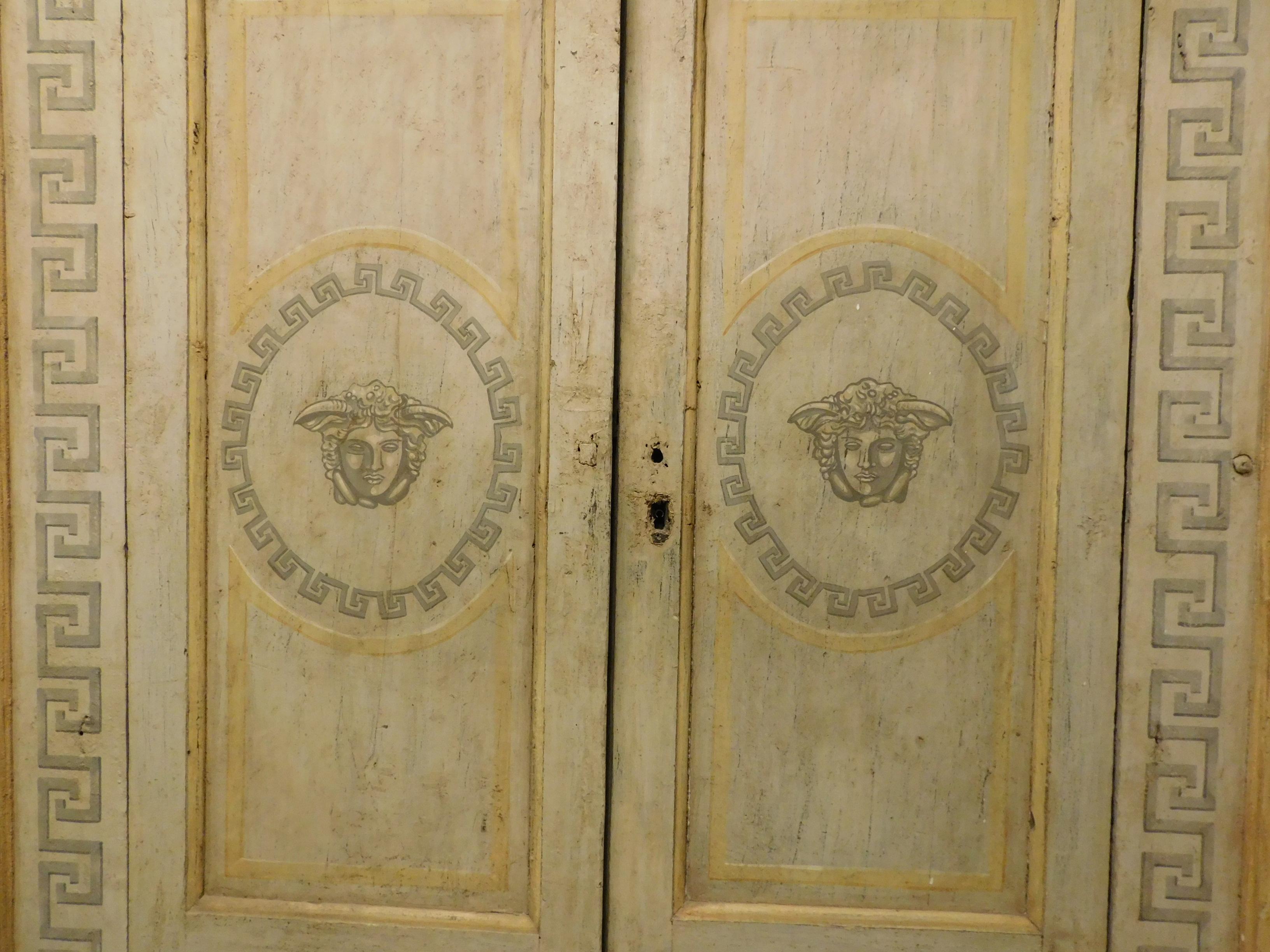 Hand-Painted Pair of Antique Lacquered Double Doors with Frame, Medusa, 18th Century Italy For Sale