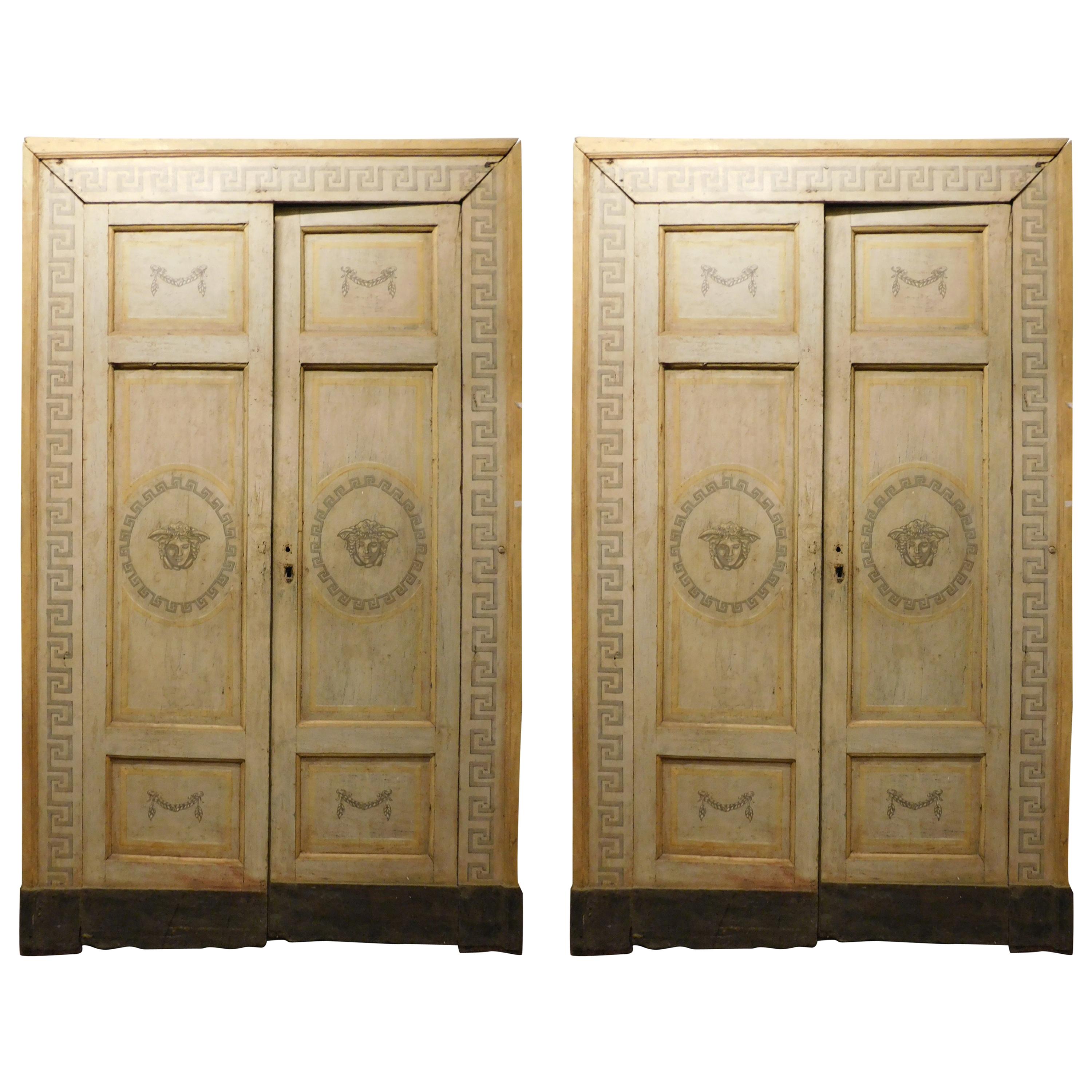 Pair of Antique Lacquered Double Doors with Frame, Medusa, 18th Century Italy