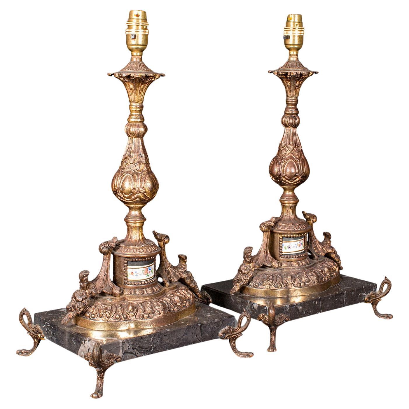 Pair Of Antique Lamp Bases, French, Gilt Metal, Marble, Table Light, Edwardian For Sale