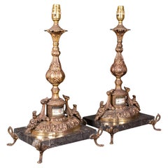 Pair Of Antique Lamp Bases, French, Gilt Metal, Marble, Table Light, Edwardian