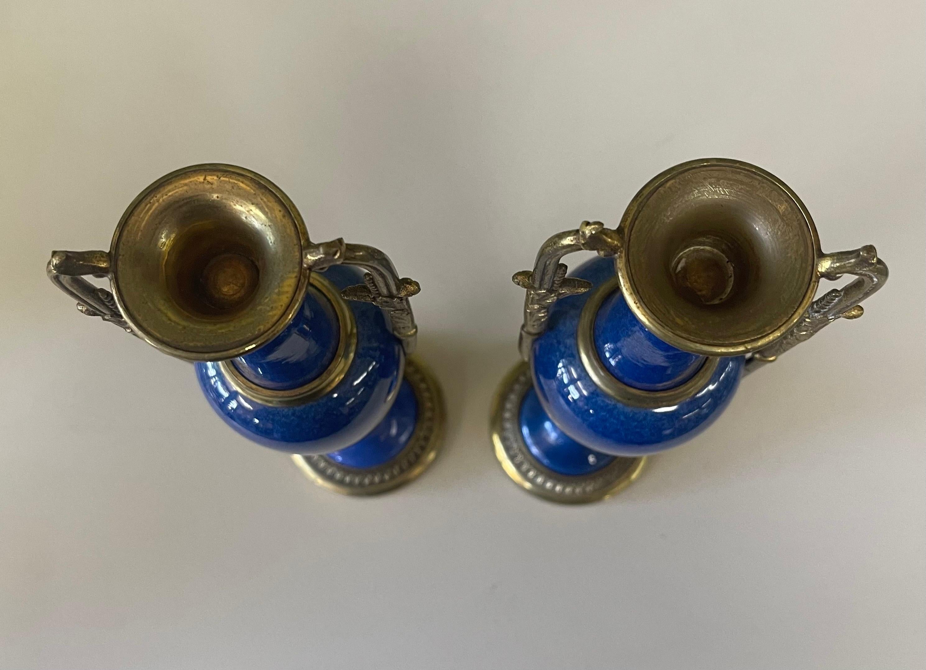 Glazed Pair of Antique Lapis Blue Porcelain Garnitures by Sevres of France For Sale