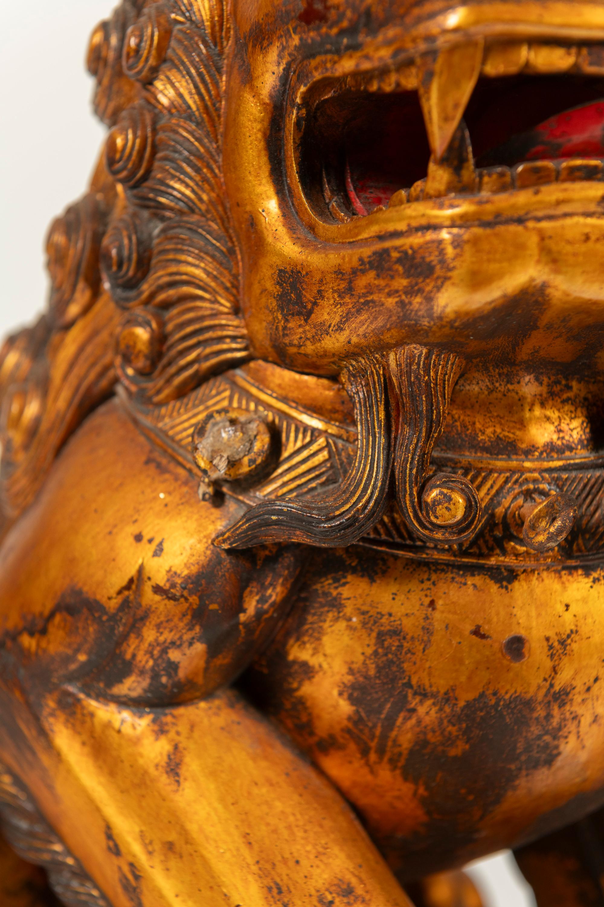 Pair of Antique Large Chinese Lacquered, Gilded Foo Dogs on Ornate Bases, China For Sale 5