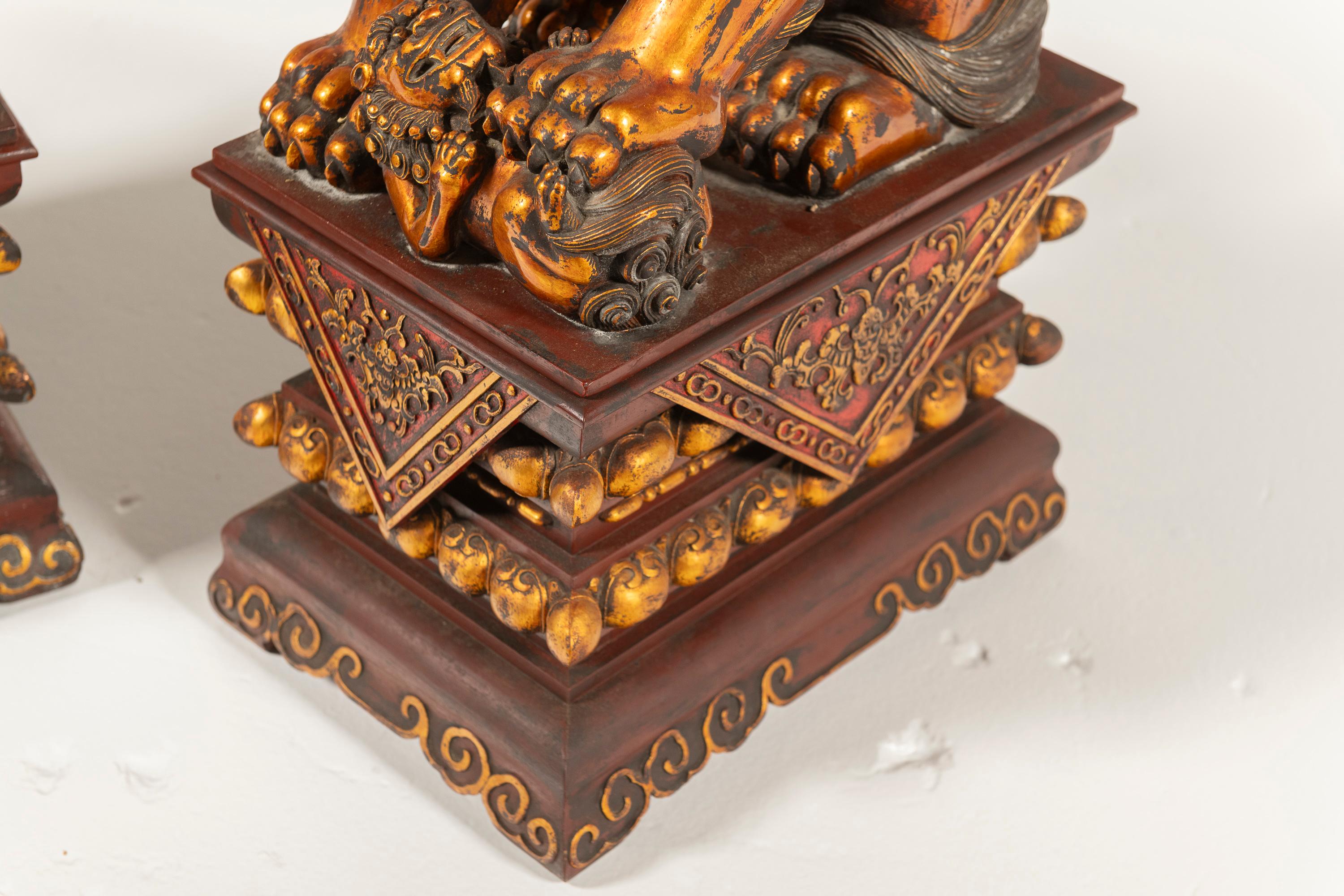 Pair of Antique Large Chinese Lacquered, Gilded Foo Dogs on Ornate Bases, China For Sale 7
