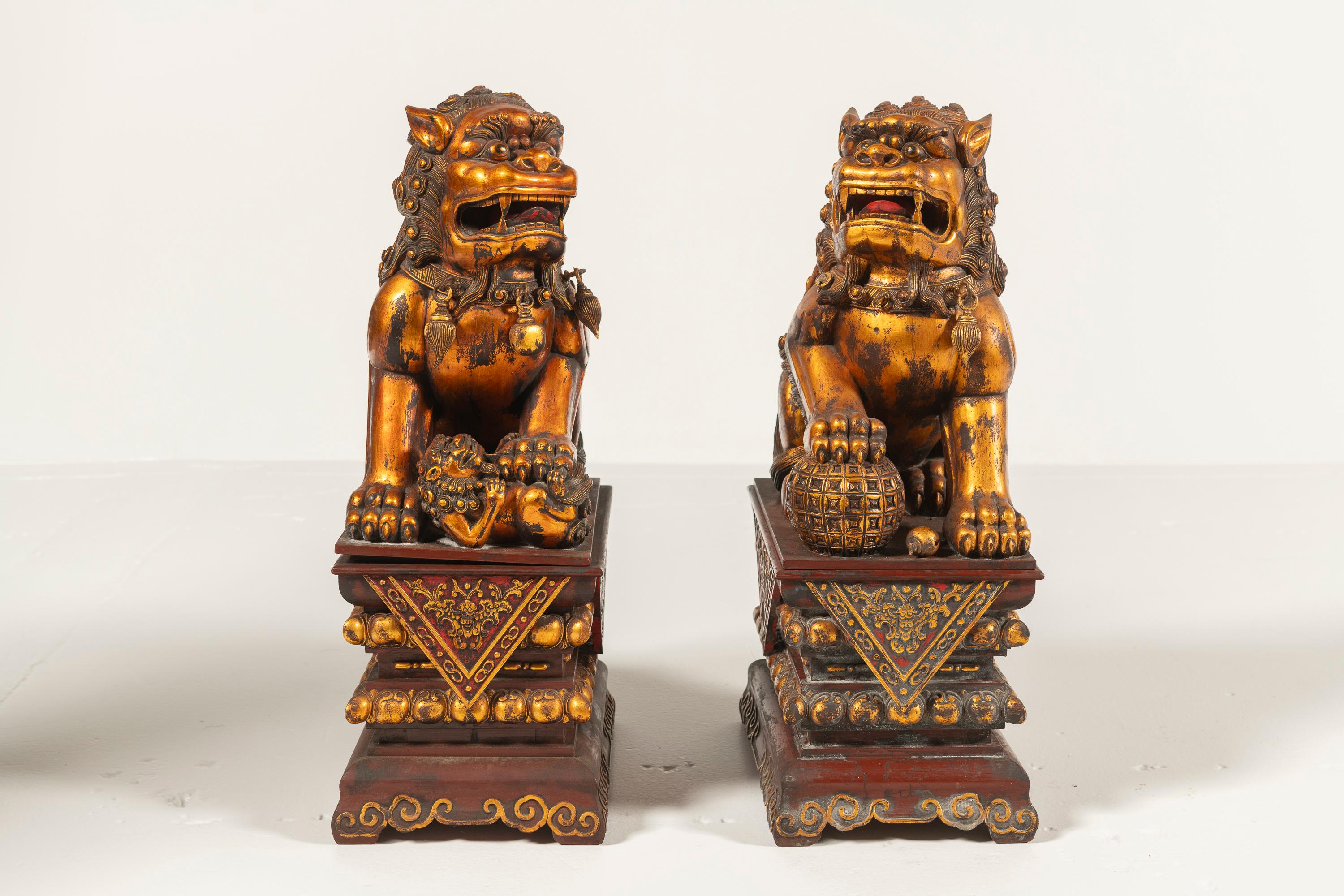 Pair of Antique Large Chinese Lacquered, Gilded Foo Dogs on Ornate Bases, China In Good Condition For Sale In San Francisco, CA