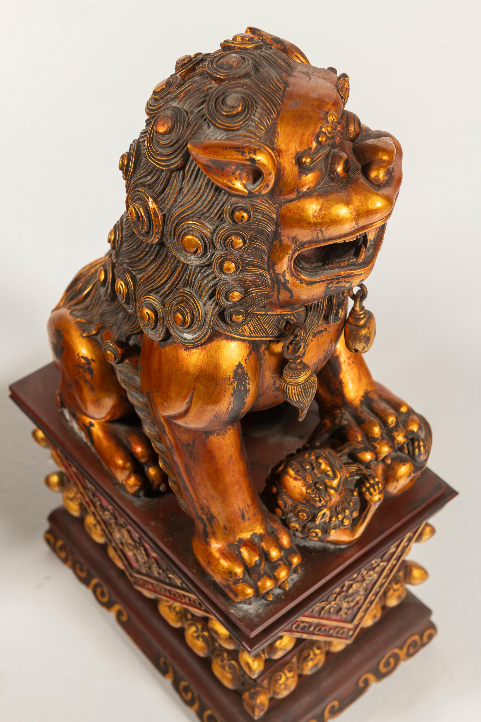 Pair of Antique Large Chinese Lacquered, Gilded Foo Dogs on Ornate Bases, China For Sale 2