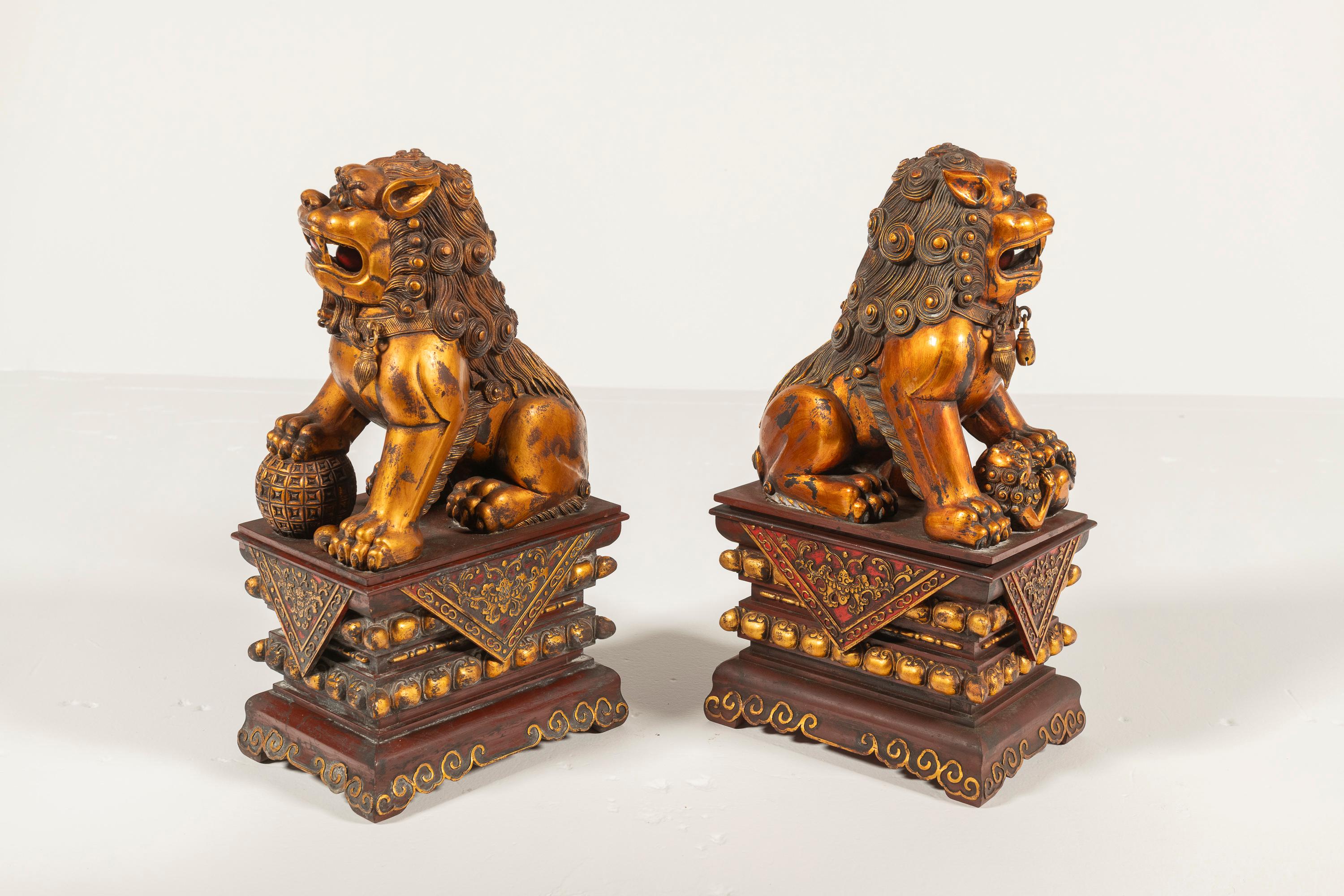 Pair of Antique Large Chinese Lacquered, Gilded Foo Dogs on Ornate Bases, China For Sale 3