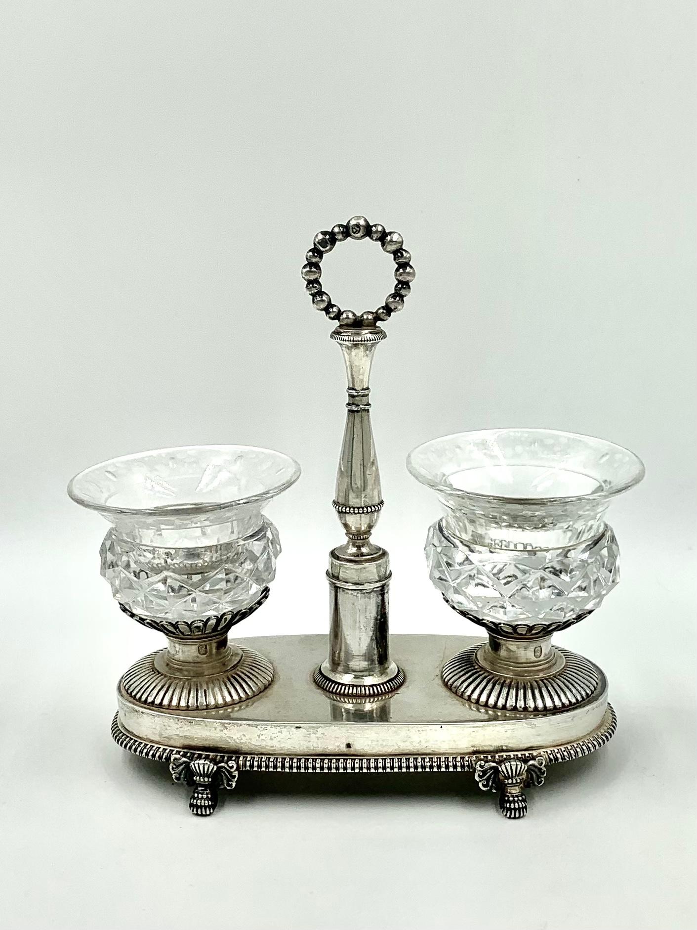 Pair of Antique Large French Neoclassical Silver, Crystal Salt Cellars 1819-1838 2