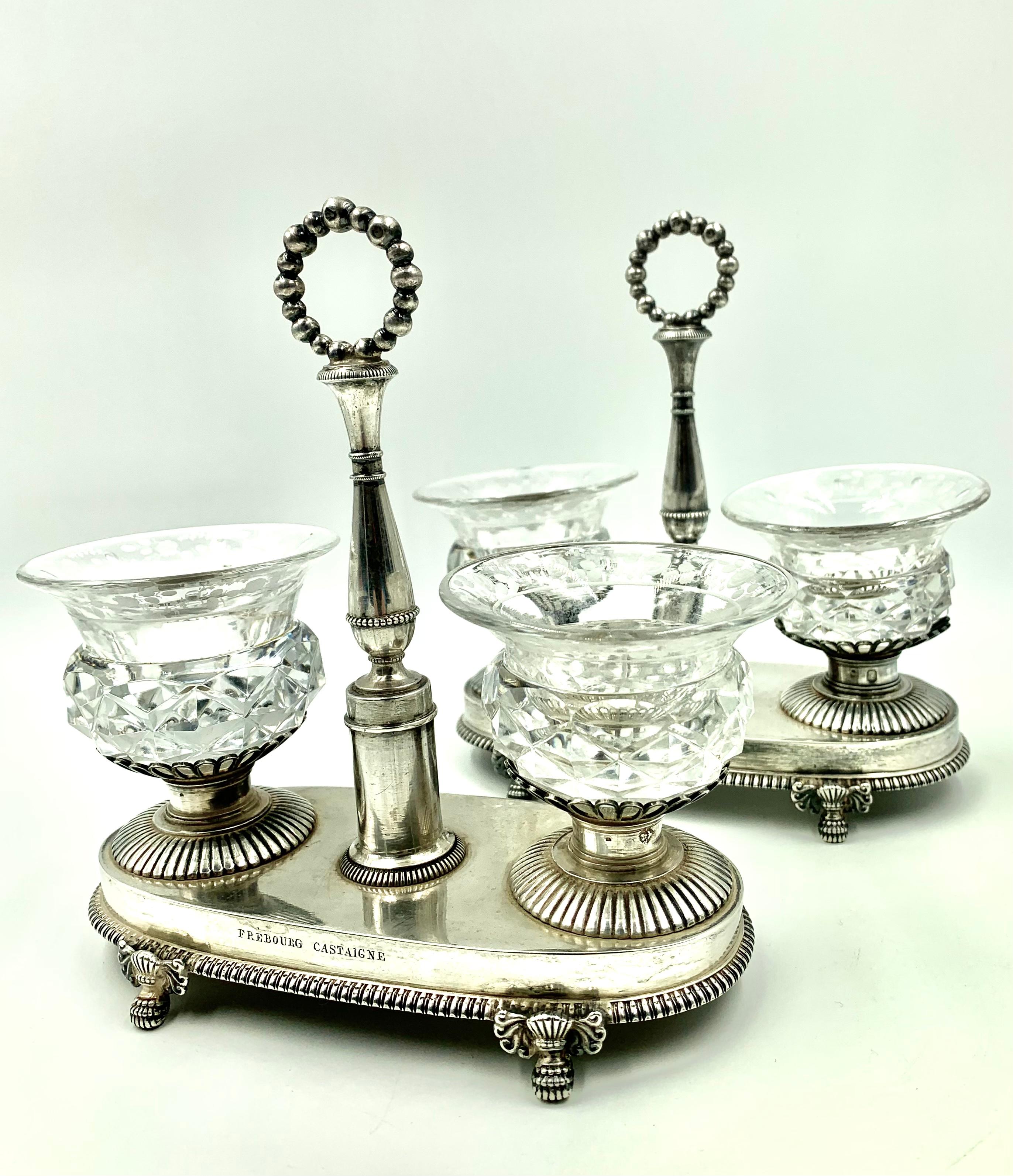 Pair of Antique Large French Neoclassical Silver, Crystal Salt Cellars 1819-1838 7