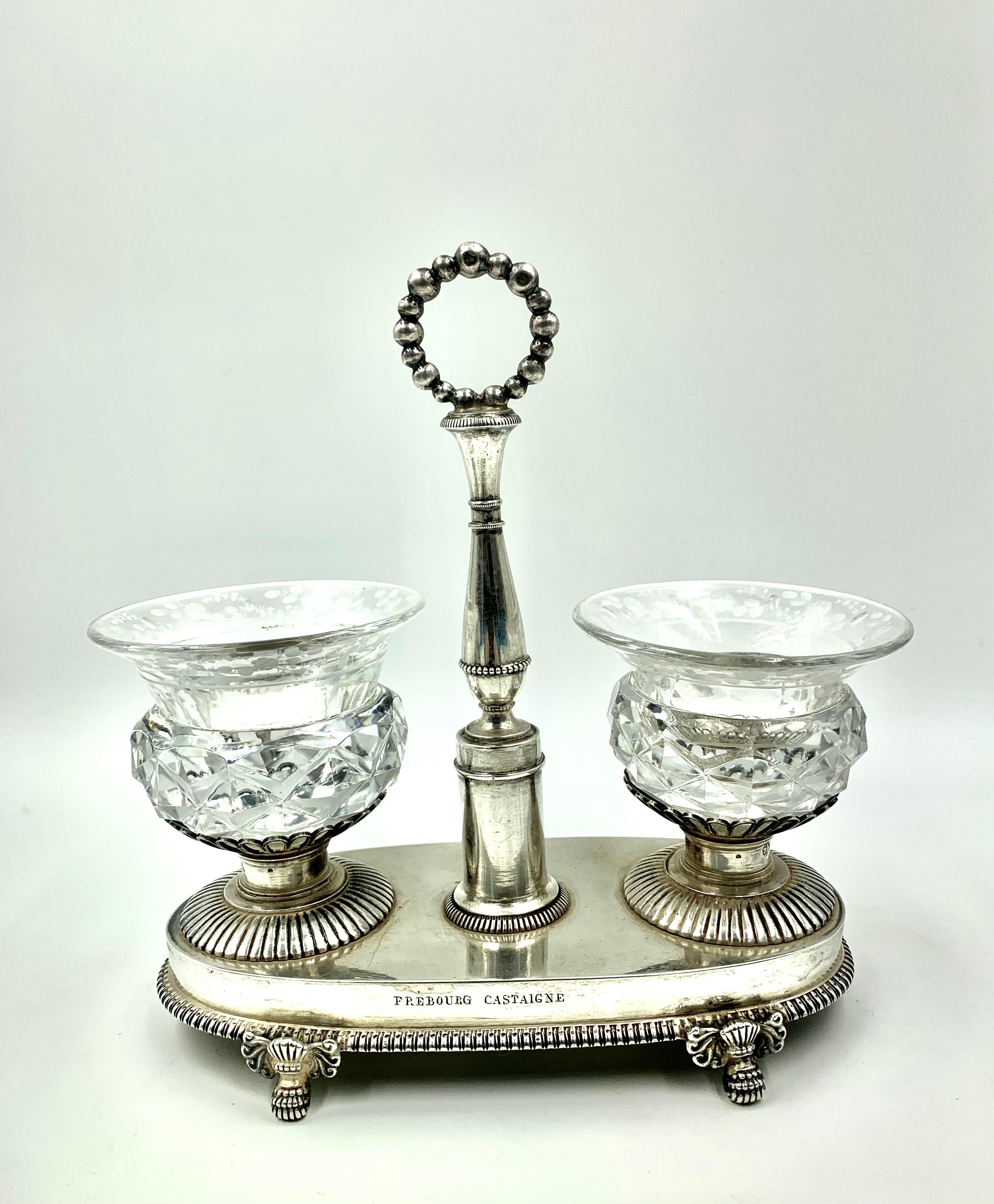 French Cut Pair of Antique Large French Neoclassical Silver, Crystal Salt Cellars 1819-1838
