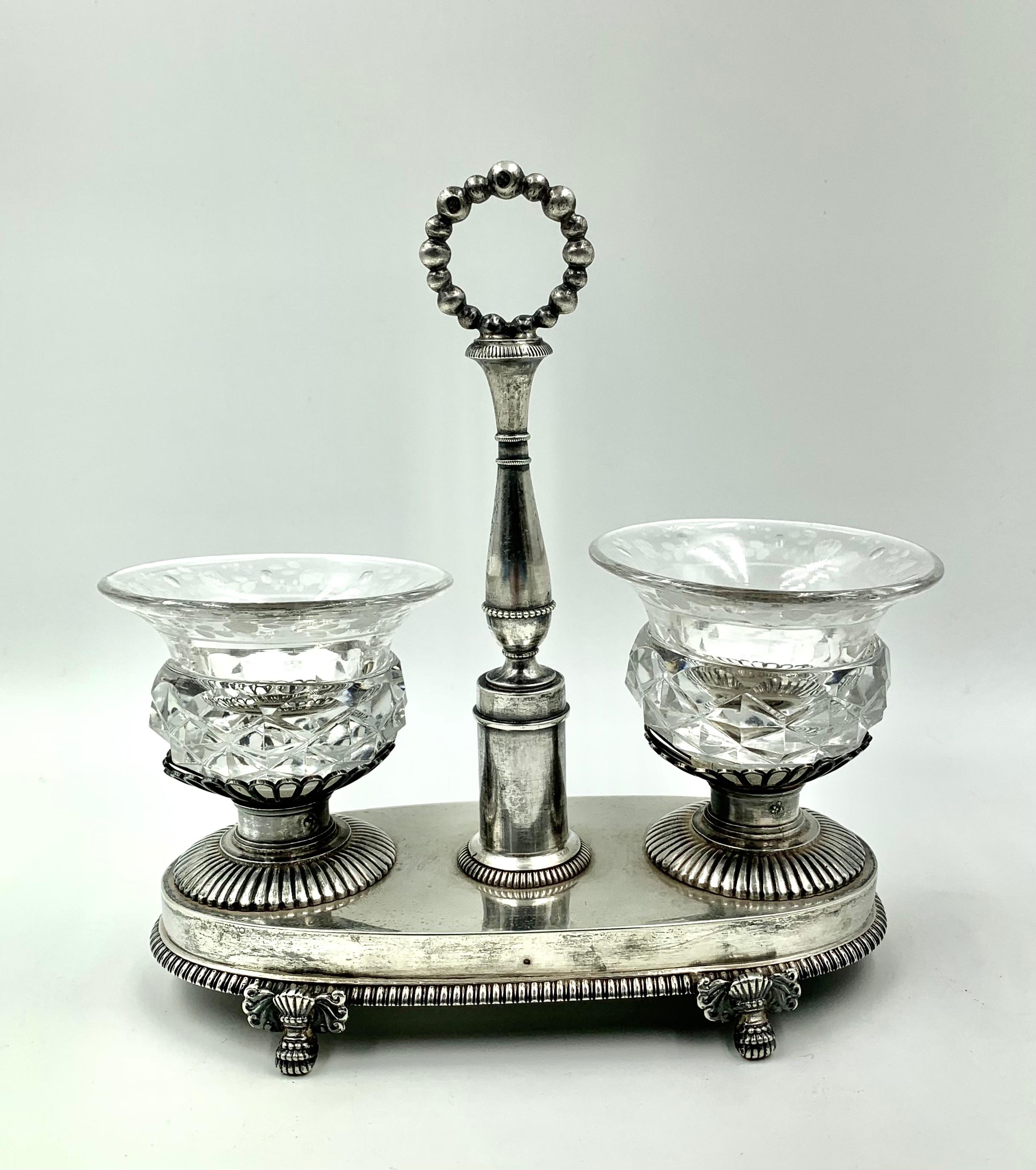 Pair of Antique Large French Neoclassical Silver, Crystal Salt Cellars 1819-1838 In Good Condition In New York, NY