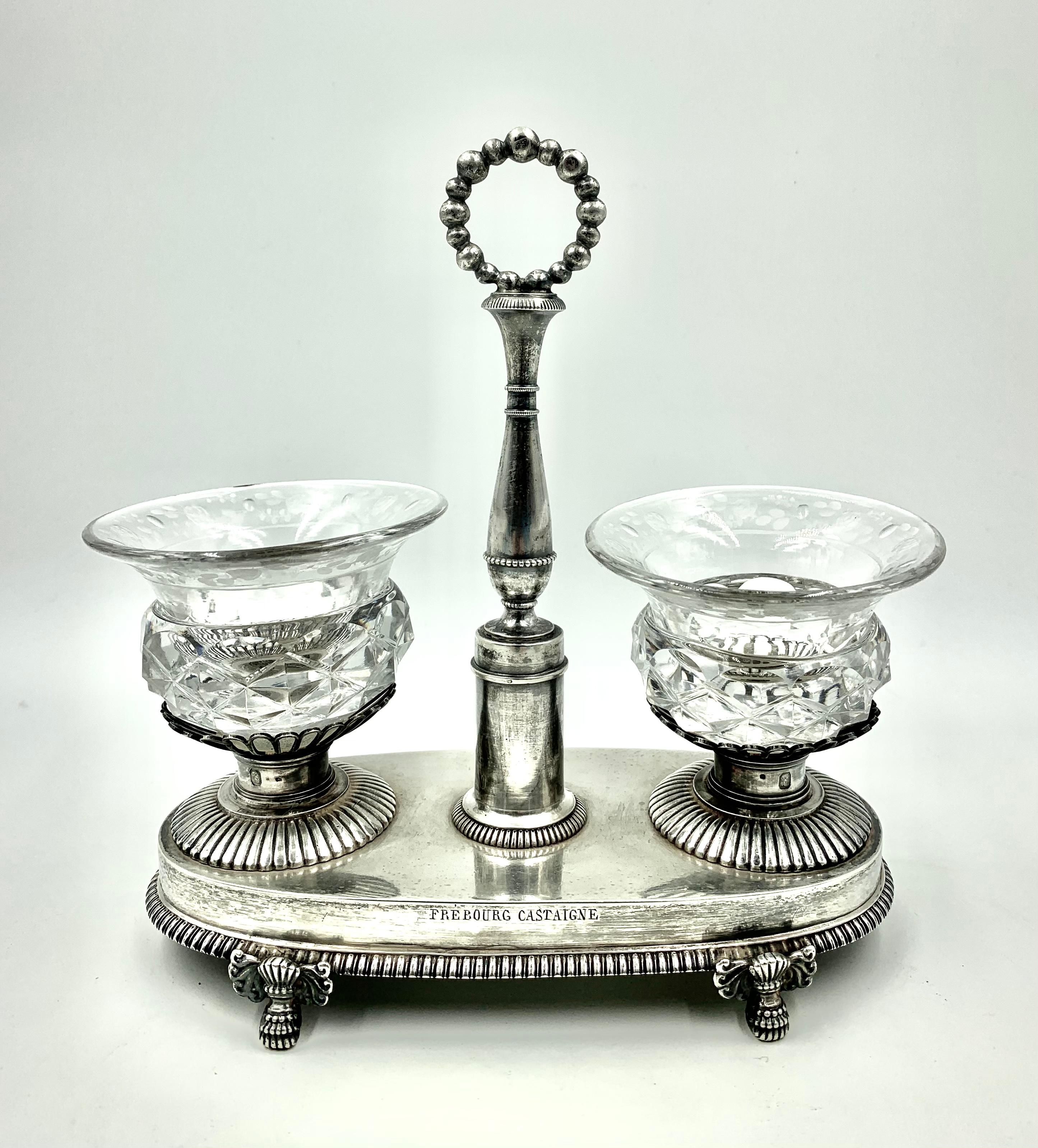 Women's or Men's Pair of Antique Large French Neoclassical Silver, Crystal Salt Cellars 1819-1838