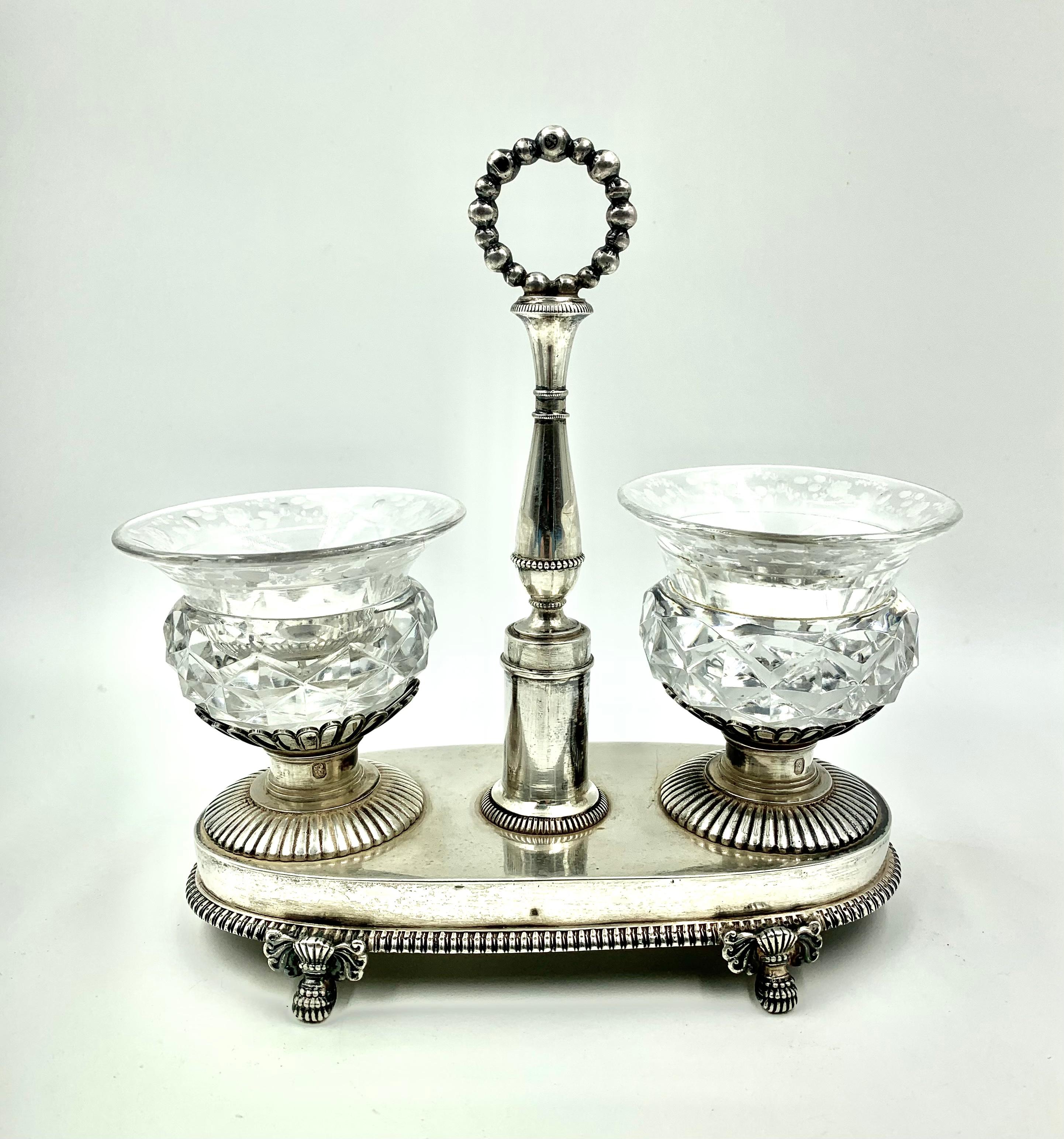 Pair of Antique Large French Neoclassical Silver, Crystal Salt Cellars 1819-1838 1