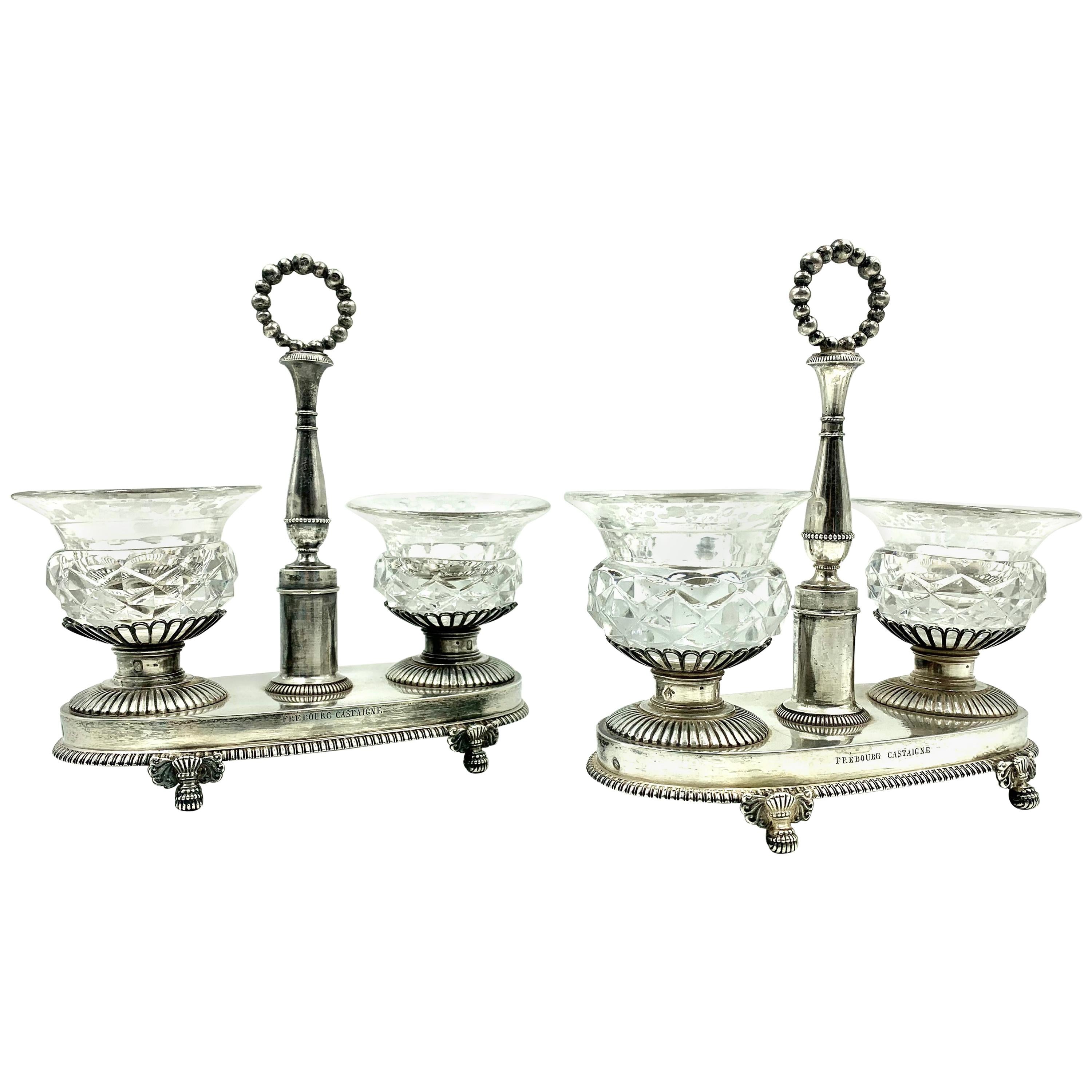 Pair of Antique Large French Neoclassical Silver, Crystal Salt Cellars 1819-1838