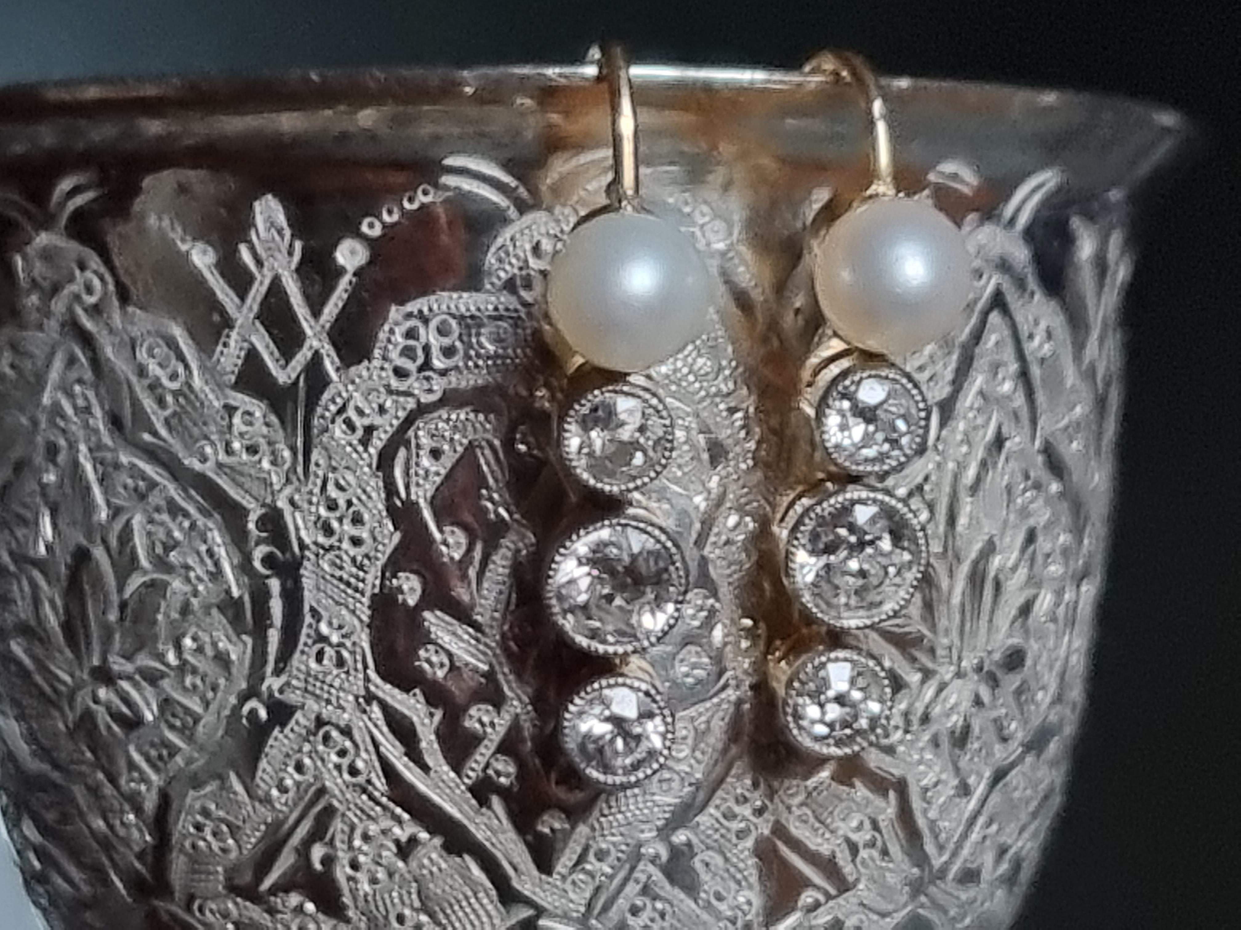 Pair of Antique Late 19th Century Pearl and Diamond Pendent Earrings For Sale 2