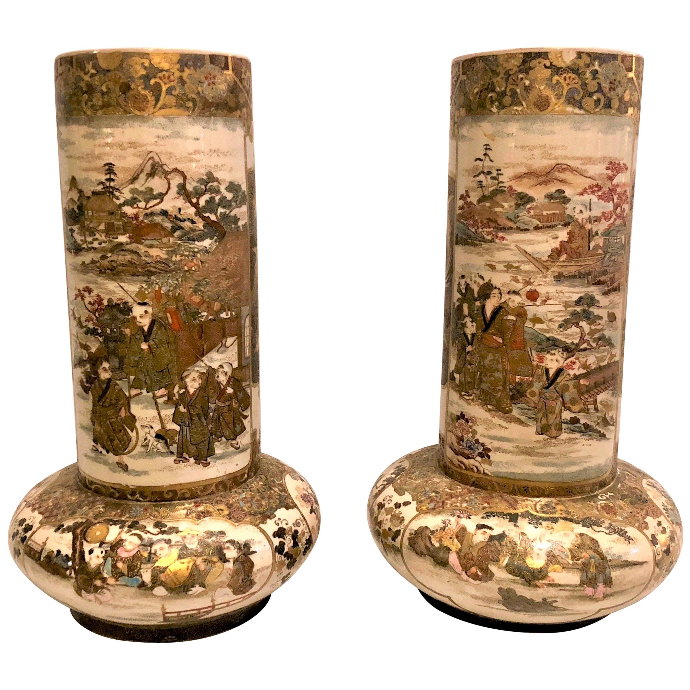 Pair of Antique Late 19th Century Satsuma Porcelain Urns